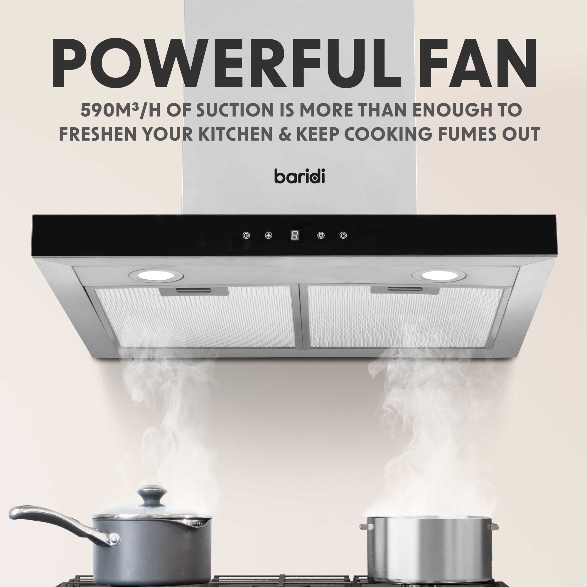 Baridi DH130 Extractor Hoods Action shot - infographic - power - suction