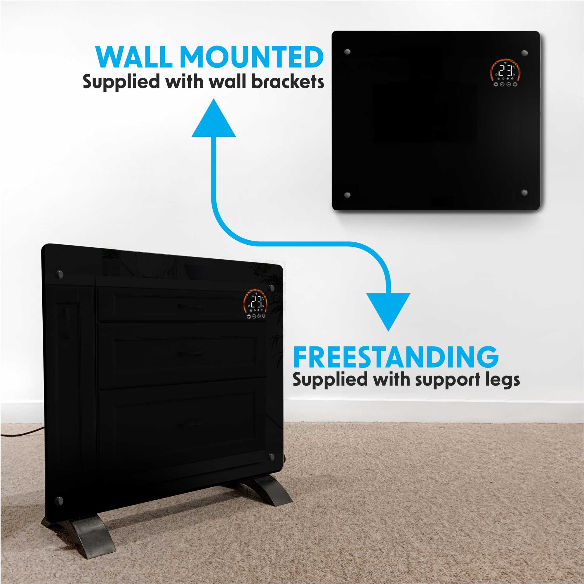 Baridi DH135 Glass Panel Heaters Action shot - freestanding - wall - mounted