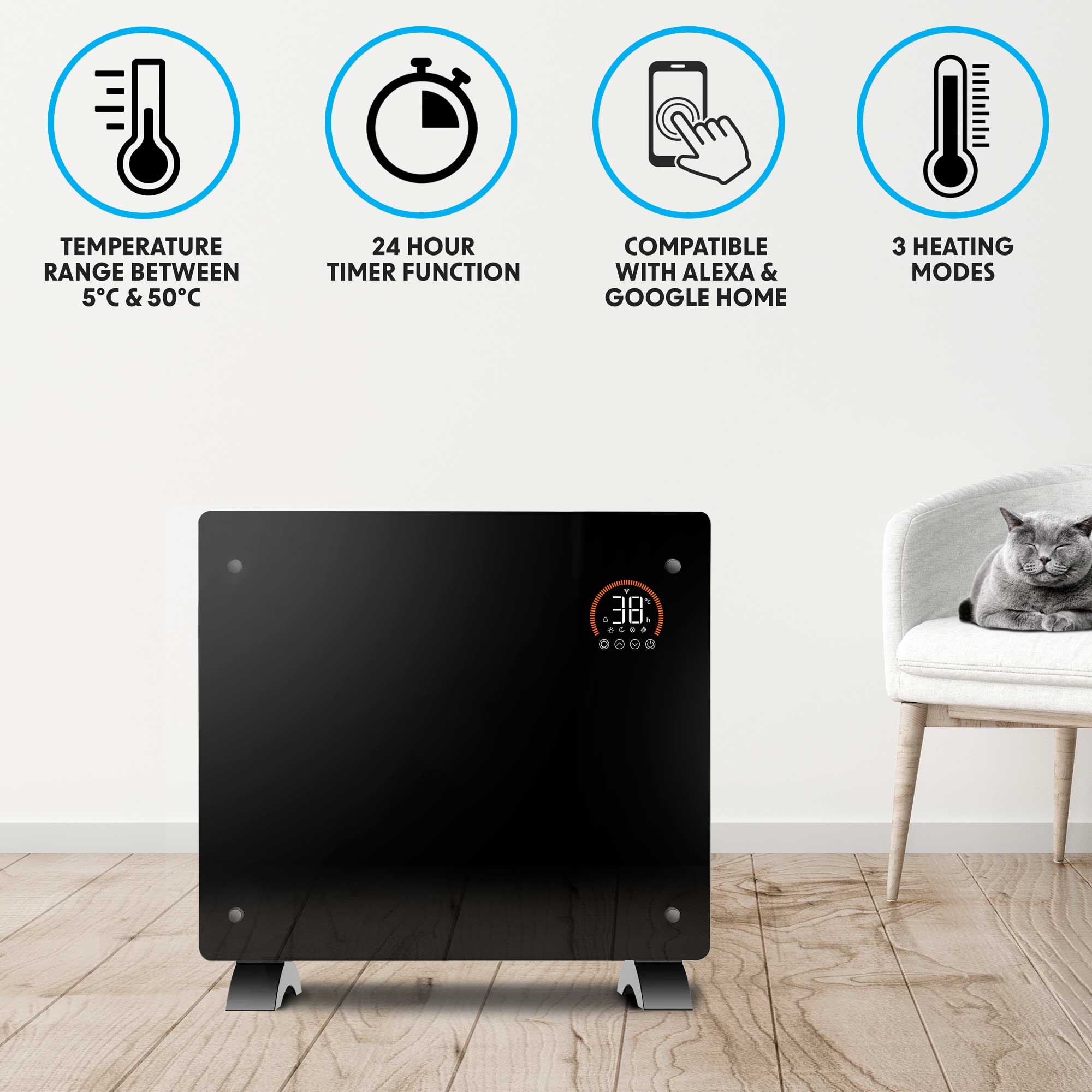 Baridi DH135 Glass Panel Heaters Action shot - temperature - range - infographic