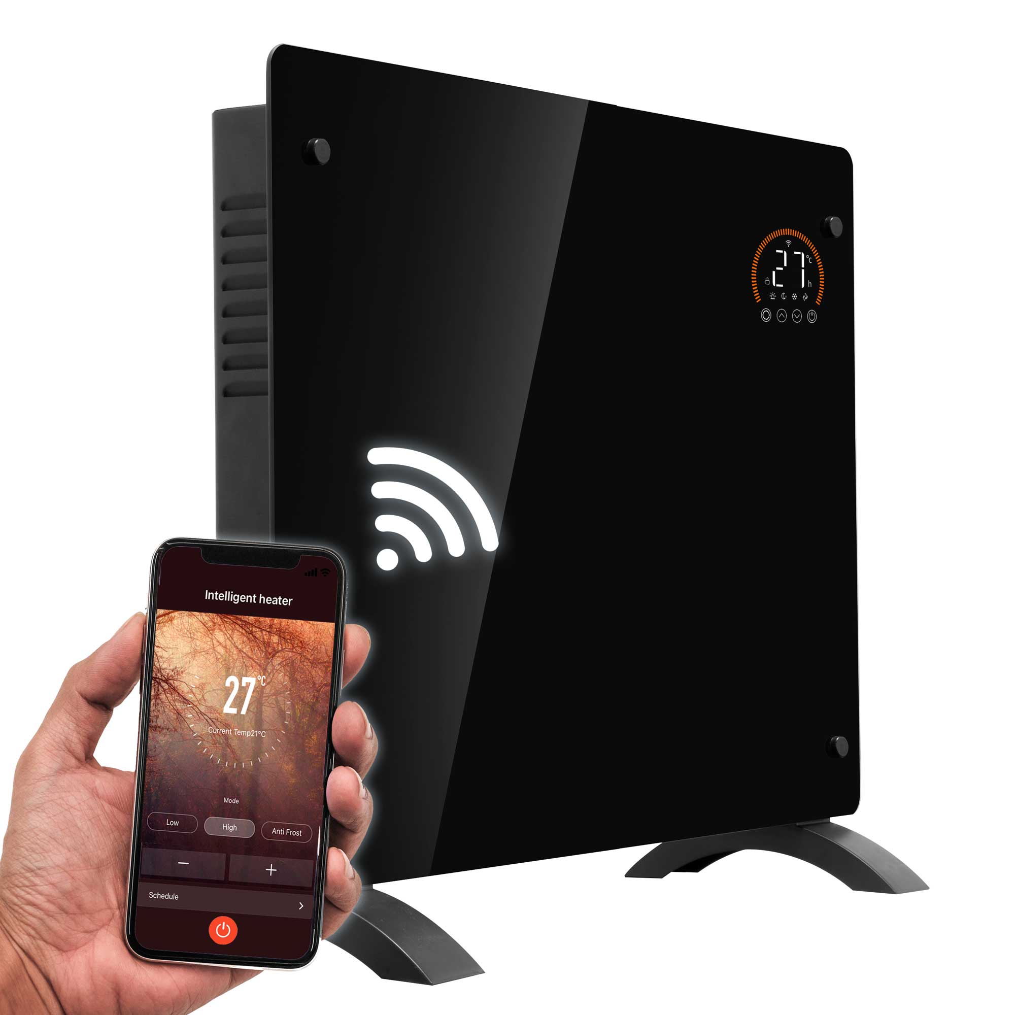 Baridi DH135 Glass Panel Heaters Action shot - with phone