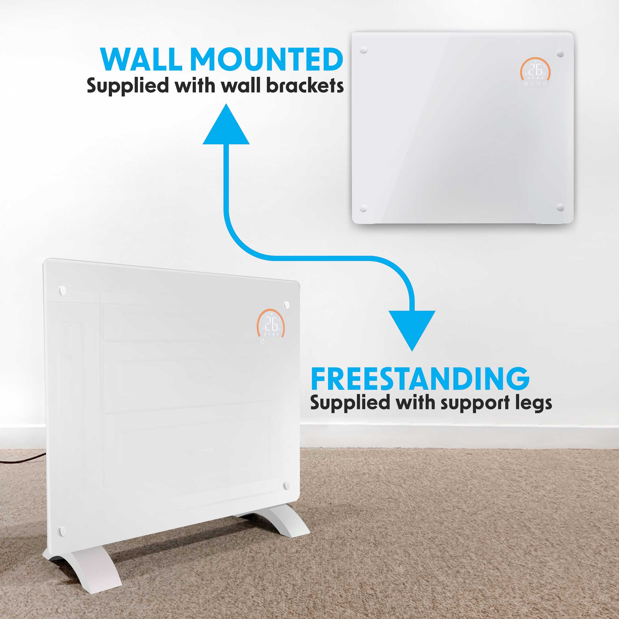 Baridi DH136 Glass Panel Heaters Action shot - freestanding - or - wall - mounted