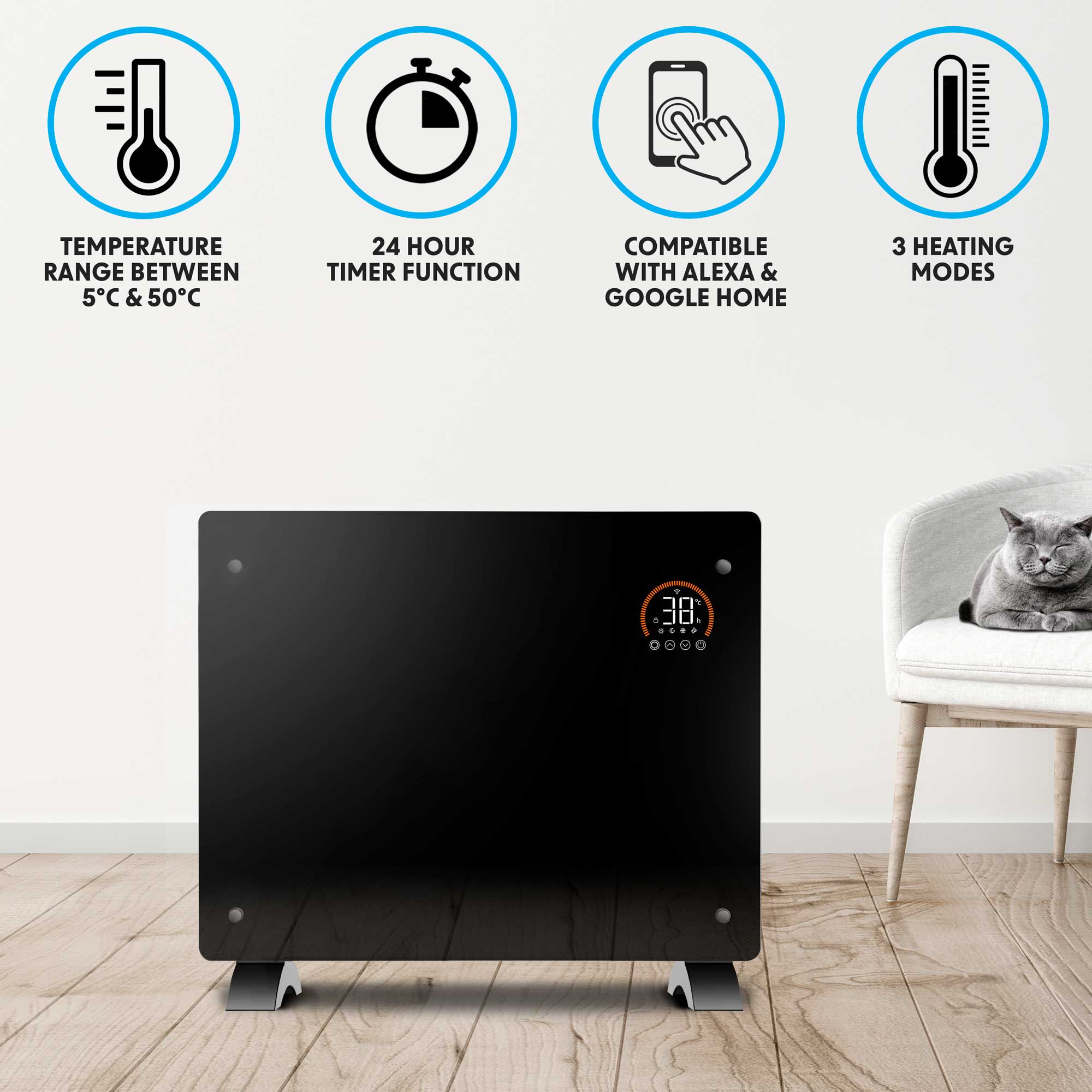 Baridi DH137 Glass Panel Heaters Action shot - temperature - range - infographic