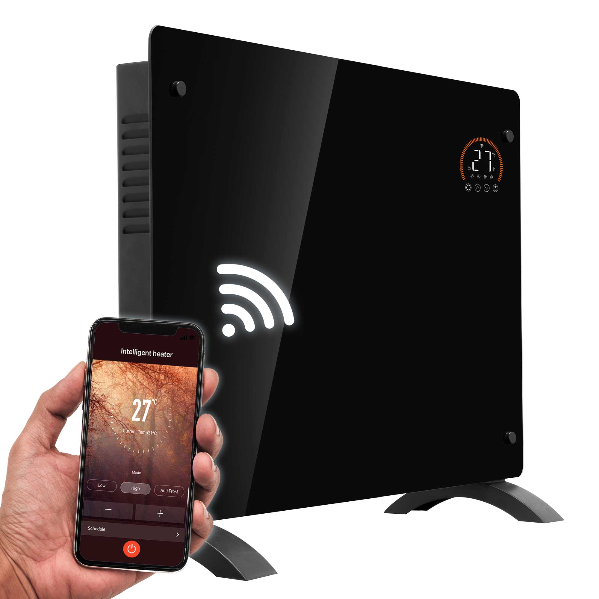 Baridi DH137 Glass Panel Heaters Action shot - with phone