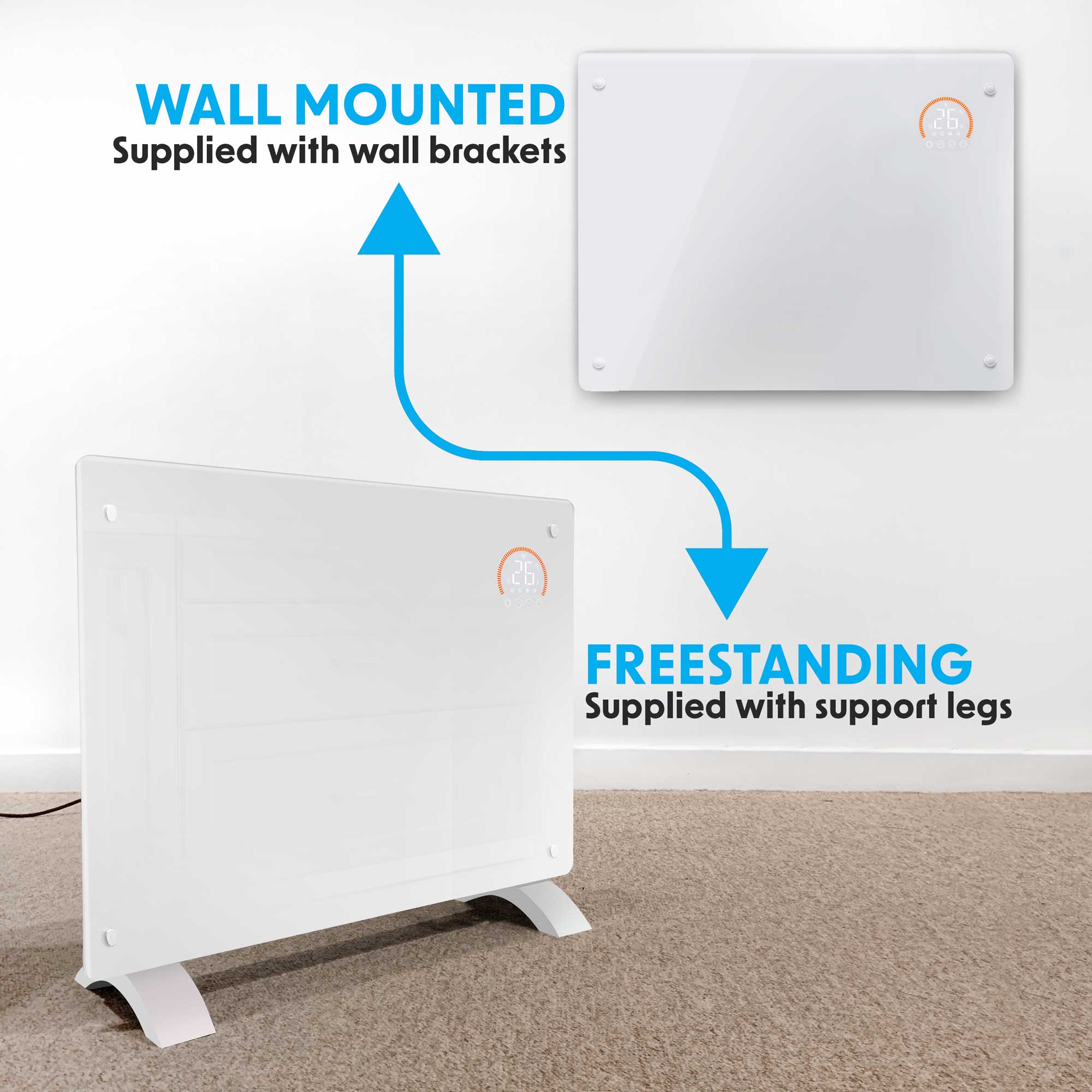 Baridi DH138 Glass Panel Heaters Action shot - freestanding - or - wall - mounted