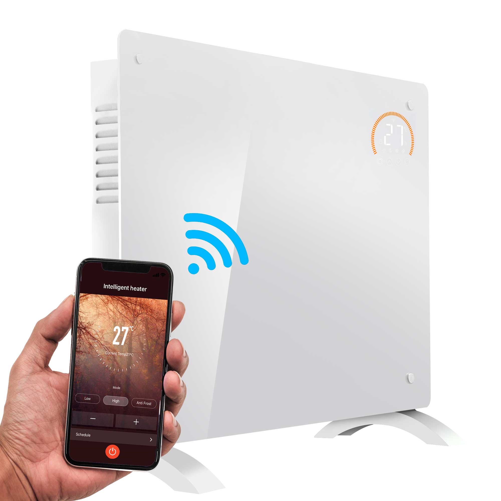 Baridi DH138 Glass Panel Heaters Action shot - with phone