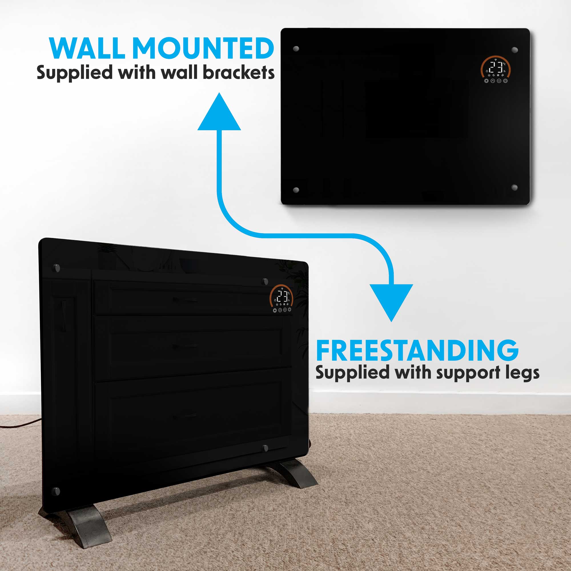 Baridi DH139 Glass Panel Heaters Action shot - freestanding - wall - mounted