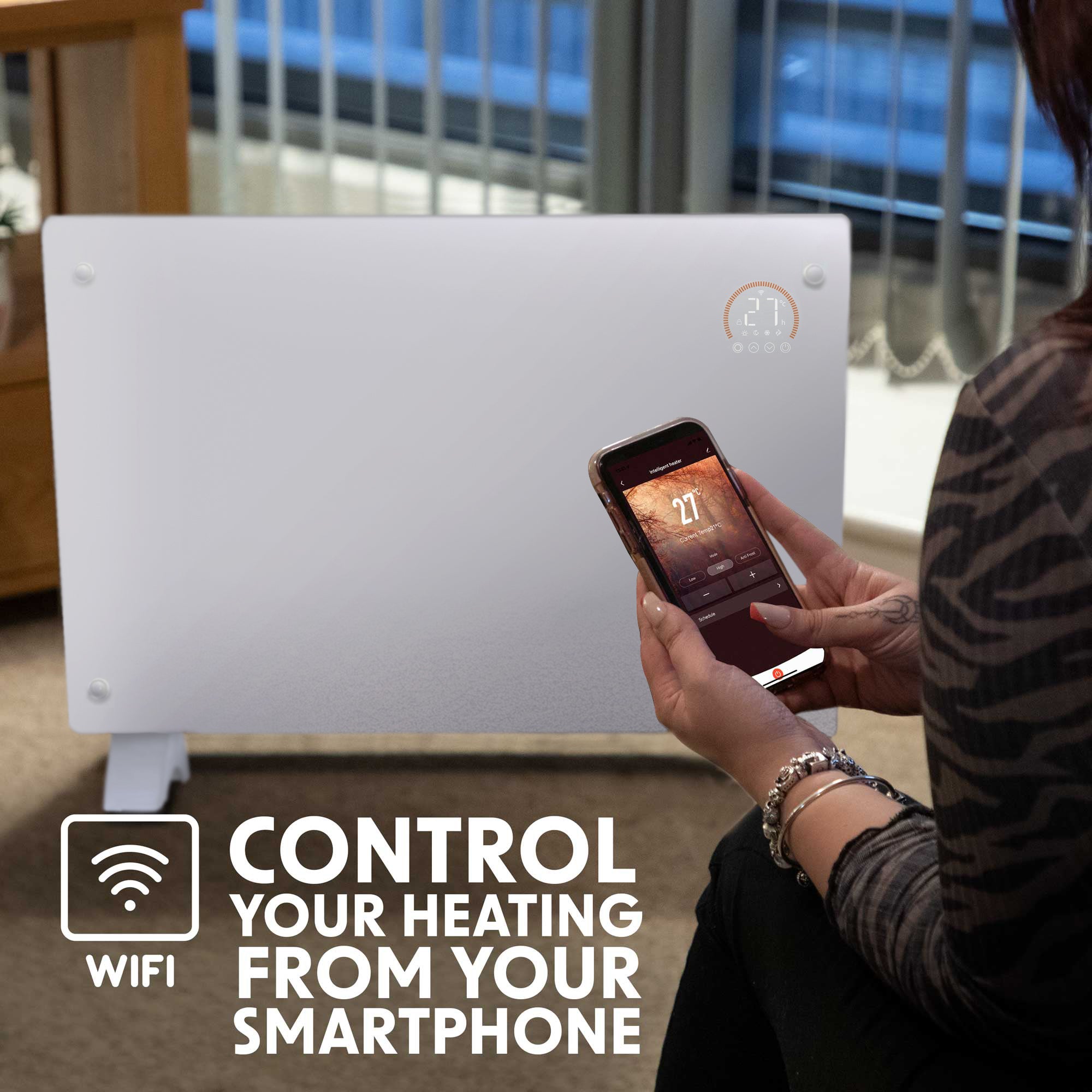 Baridi DH140 Glass Panel Heaters Action shot - wifi