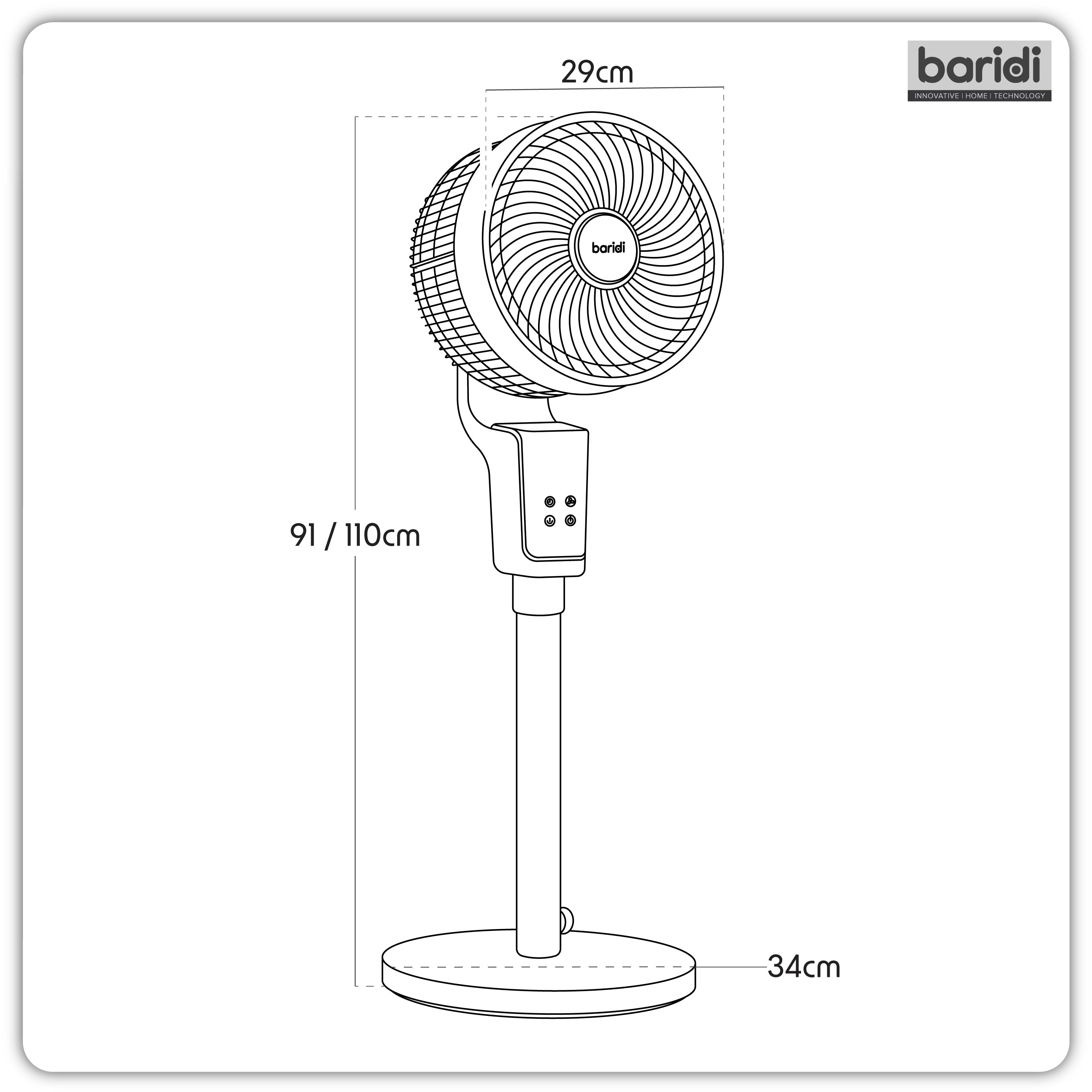 Baridi 12" Pedestal Fan with Remote Control & 12hr Timer - DH141
