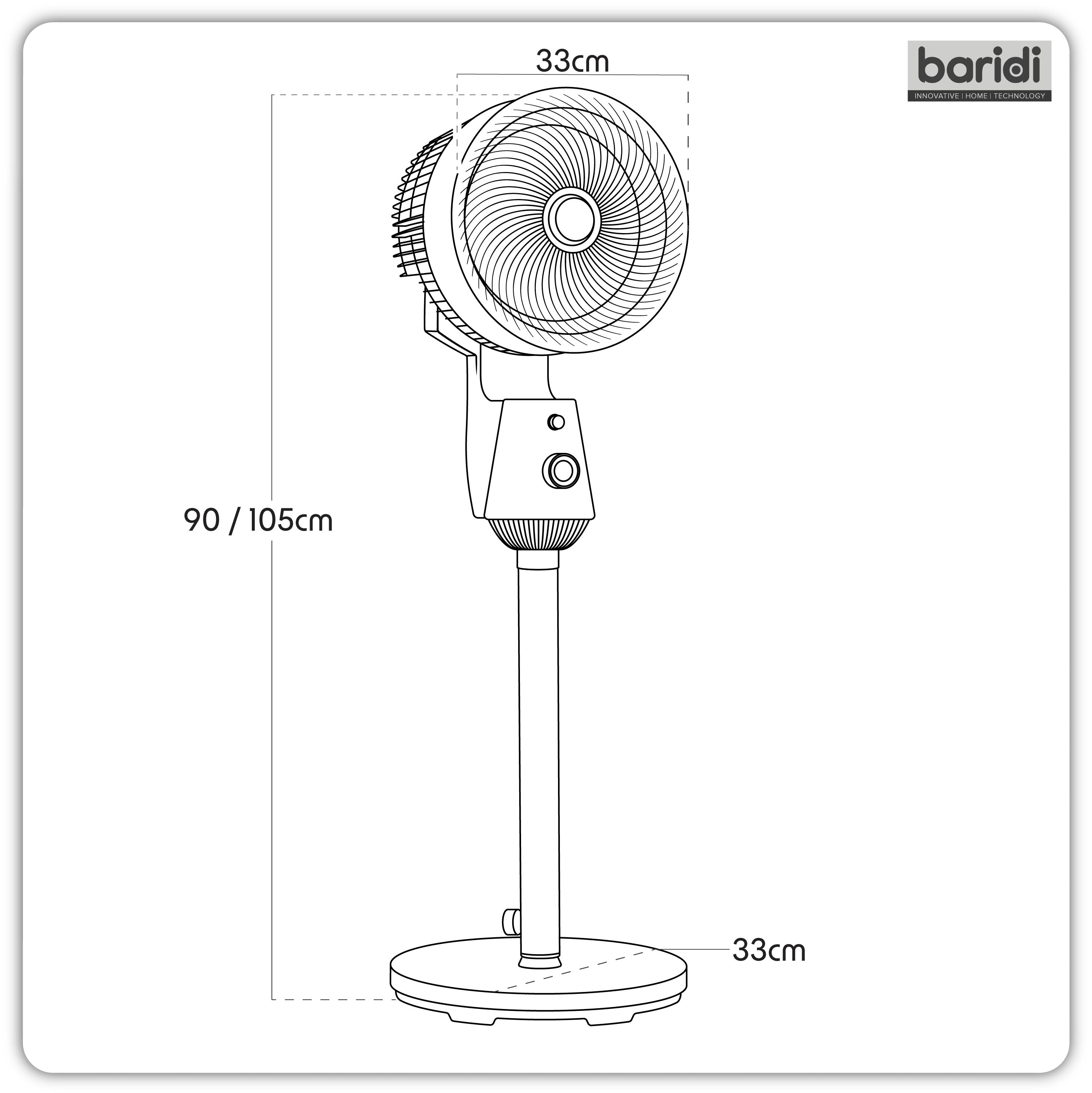 Baridi DH142 Fan Action shot - dimension diagram