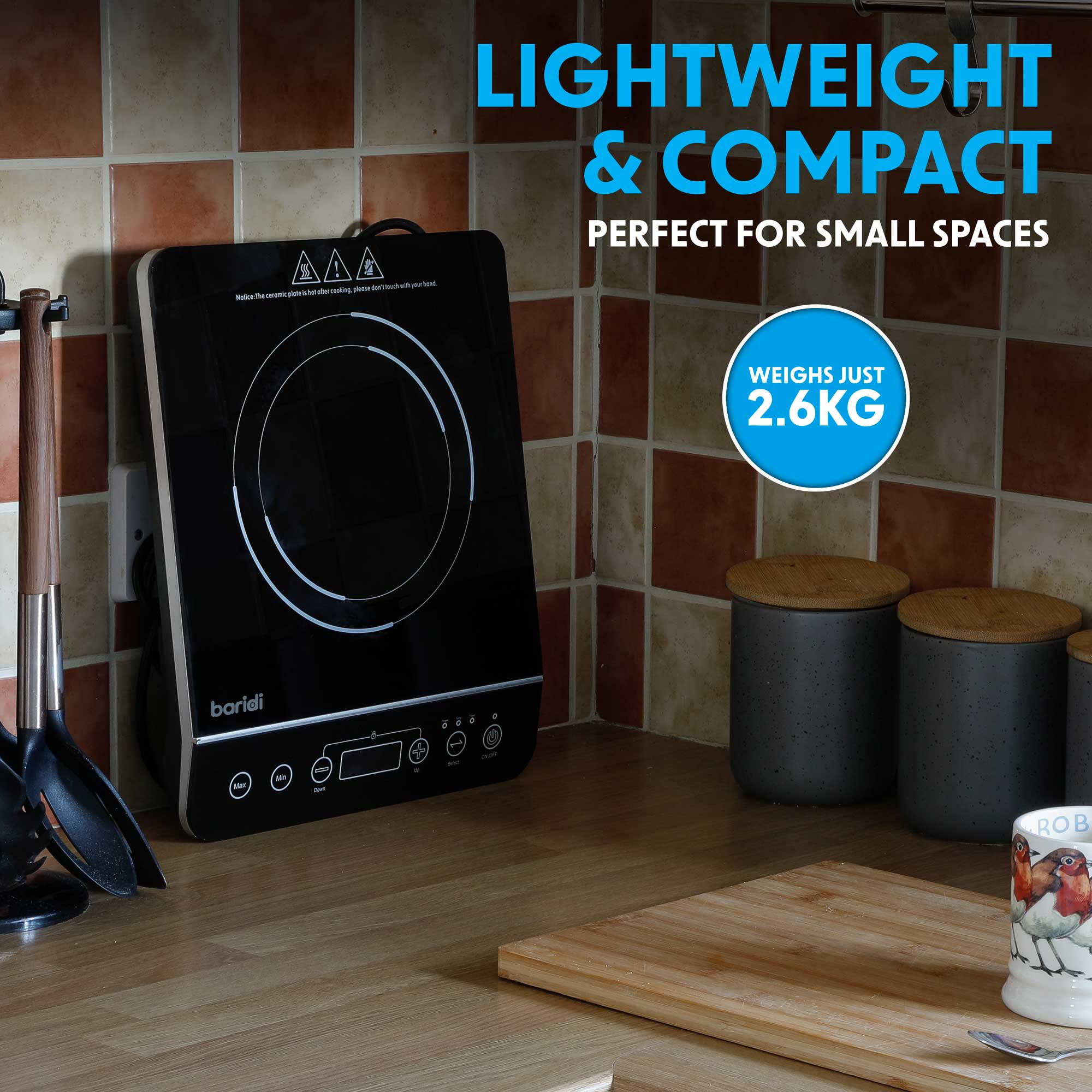 Baridi DH145 Portable Induction Hobs Action shot - lightweight - infogrphiacs