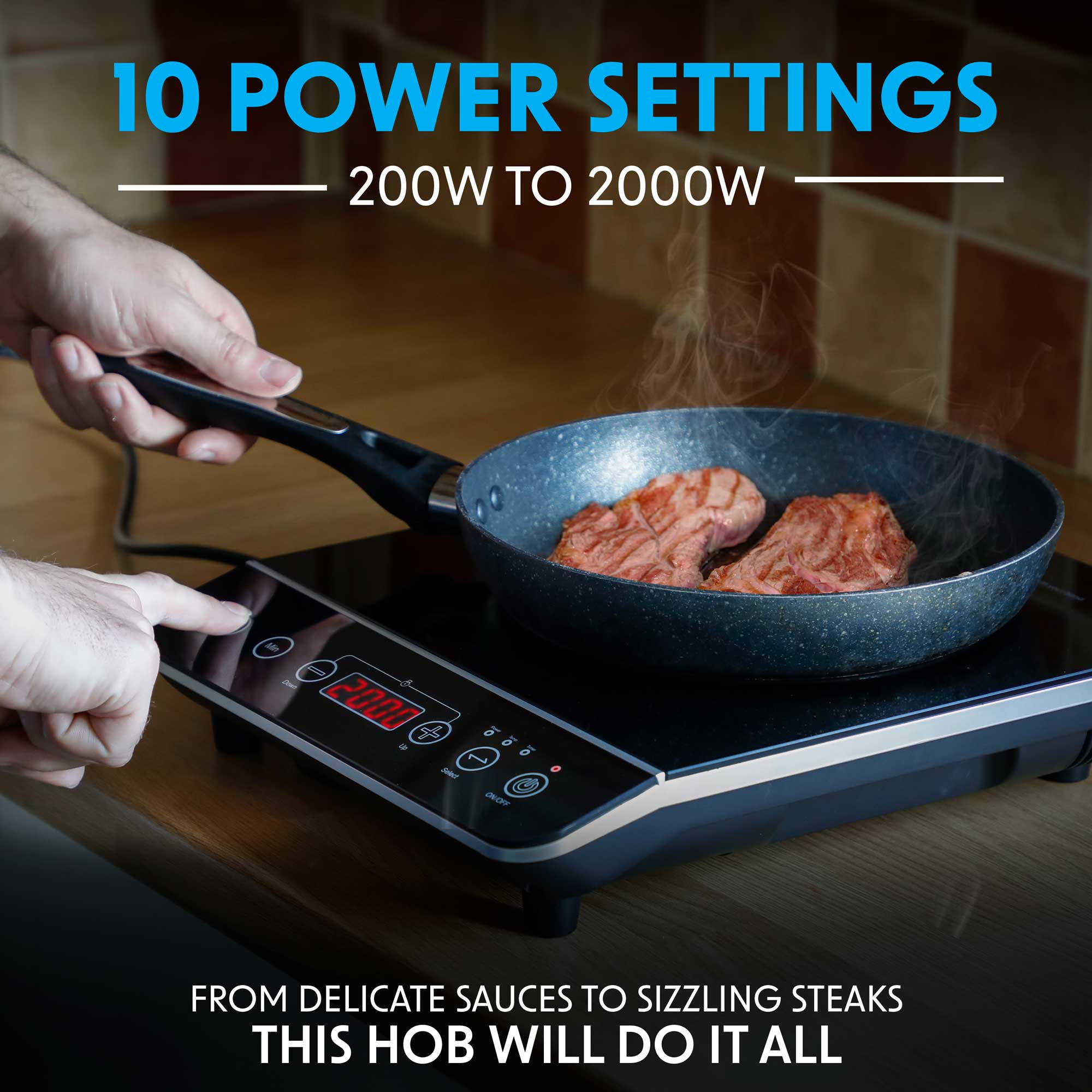 Baridi DH145 Portable Induction Hobs Action shot - powe - settings - infographics