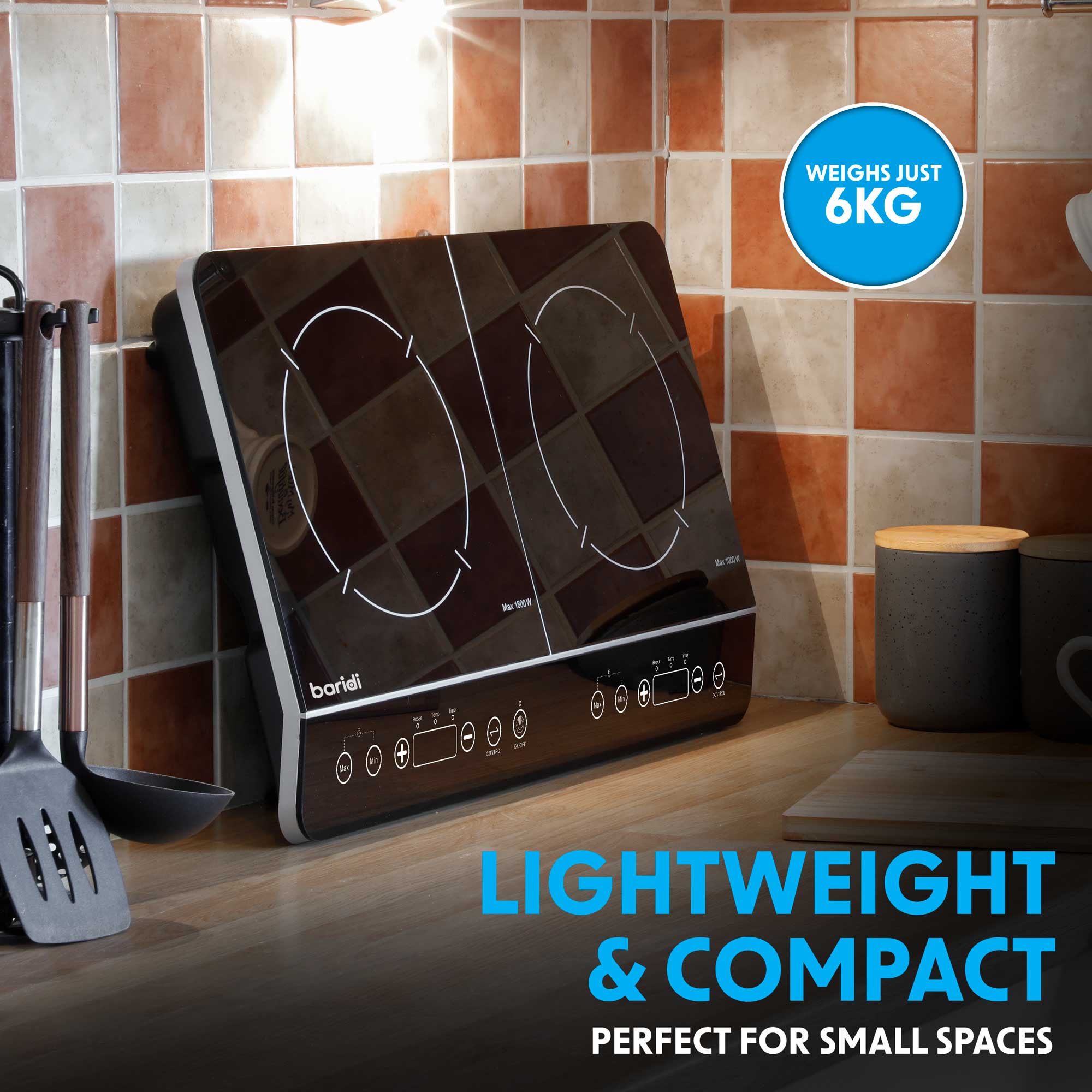 Baridi DH146 Portable Induction Hobs Action shot - lightweight - infogrphiacs