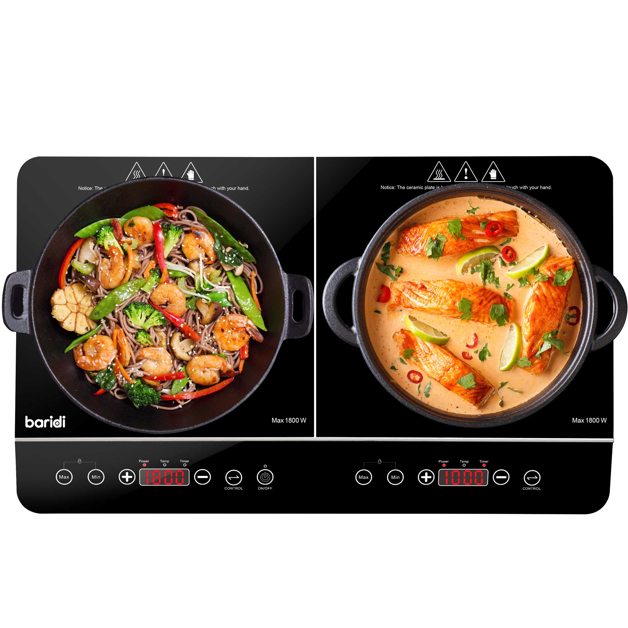 Baridi DH146 Portable Induction Hobs Straight on - with food
