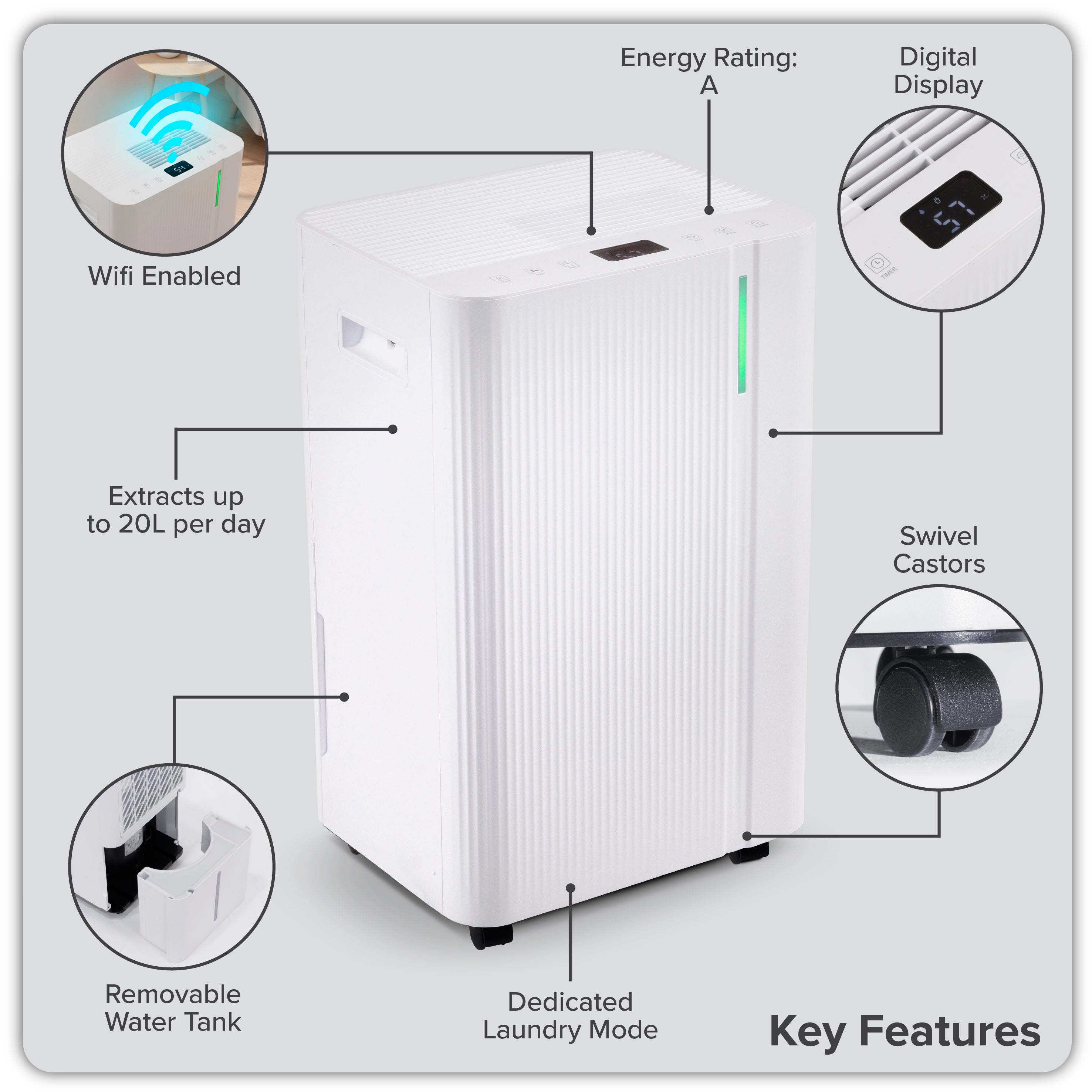 Baridi Dehumidifier with Digital Display & 24hr Timer 20L White - DH148