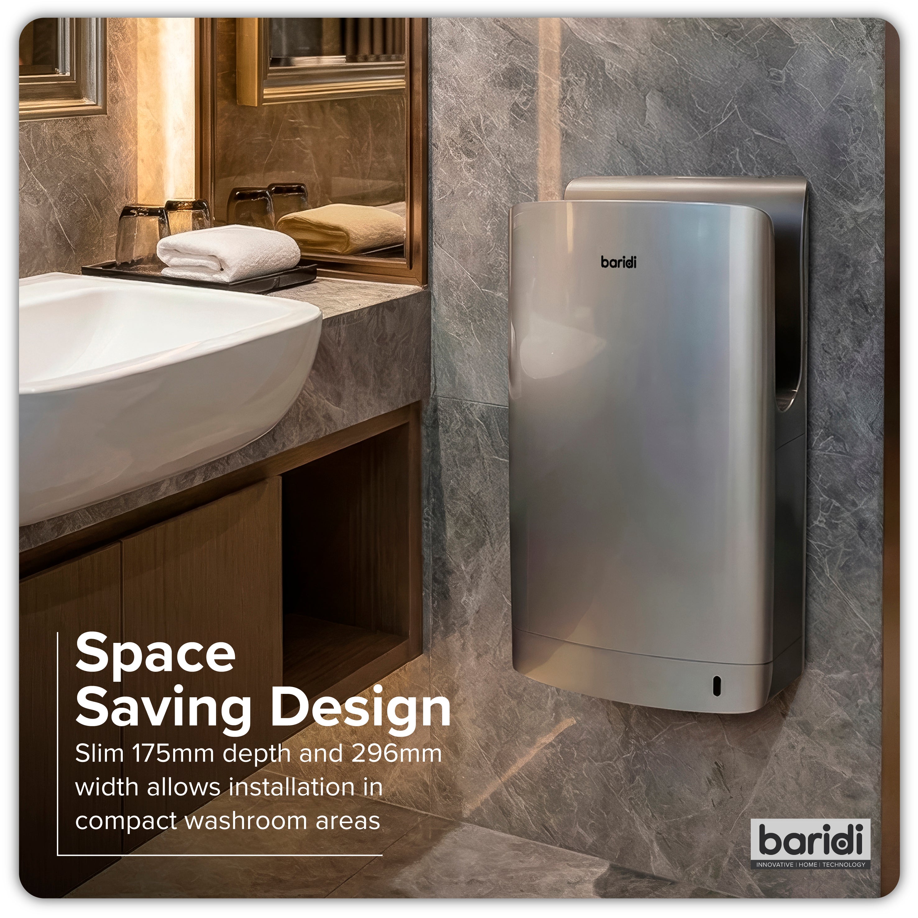Baridi Hand Dryer with HEPA Filter & Auto-Sensor 1750W/230V, Silver - DH150
