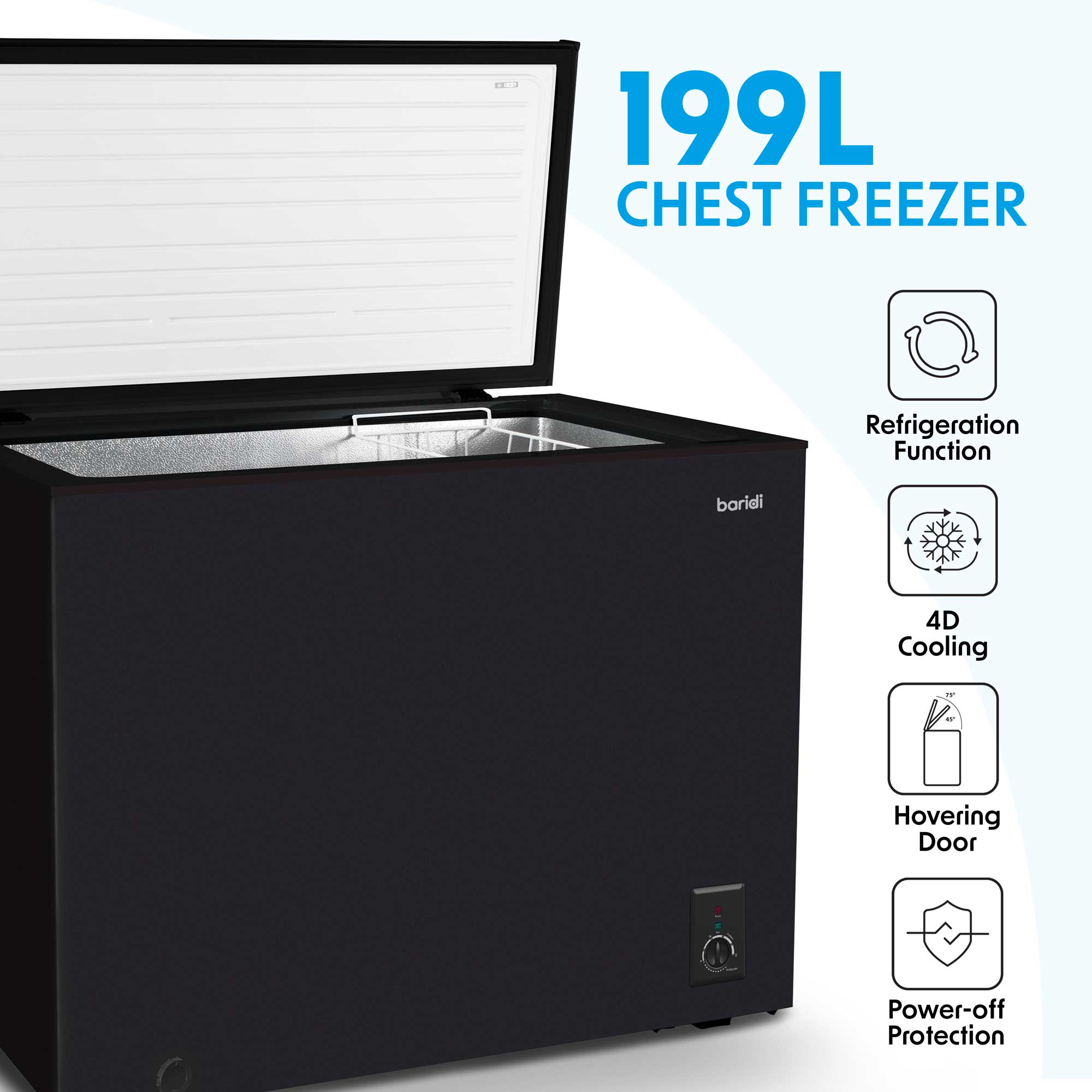 Baridi DH151 Chest Freezer Action shot - information - icons