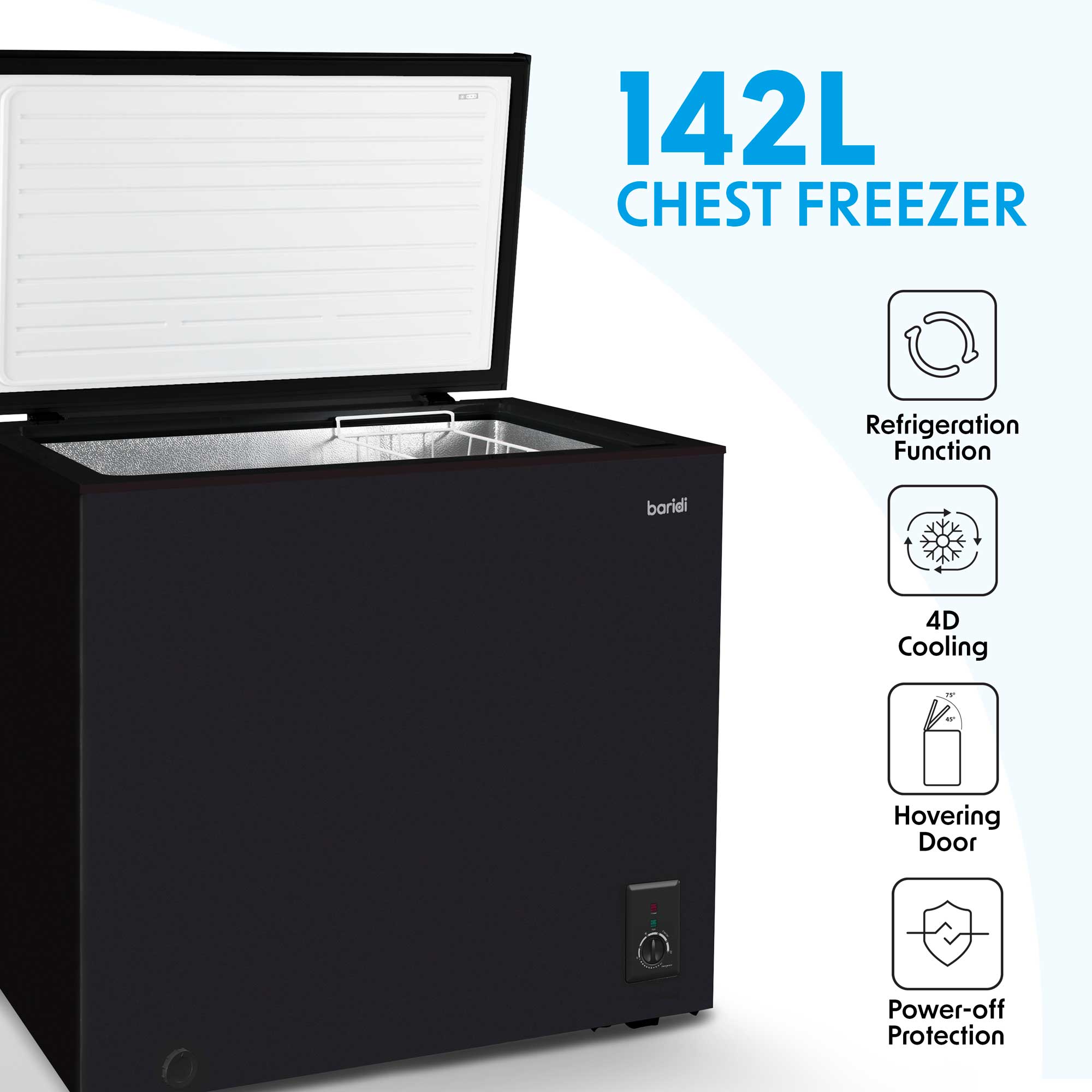 Baridi DH152 Chest Freezer Action shot - information - icons