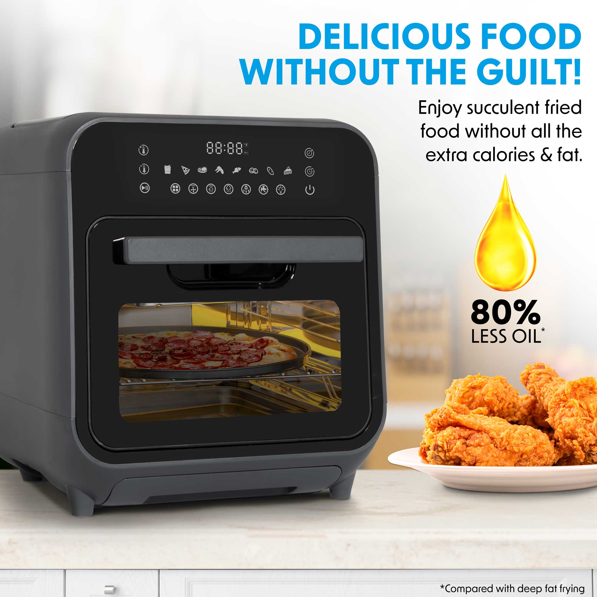 Baridi DH171 Air Fryer Action shot - infographics - healthy - eating