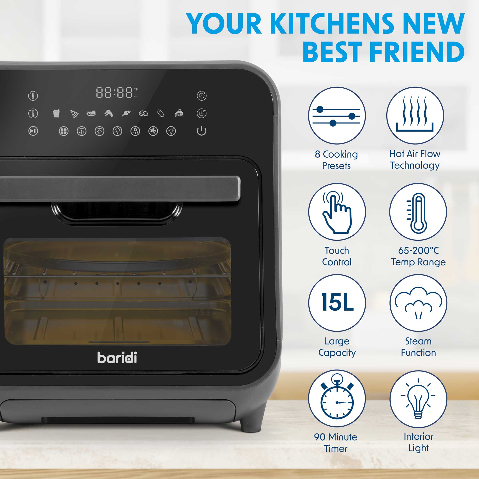 Baridi DH171 Air Fryer Action shot - infographics - icons