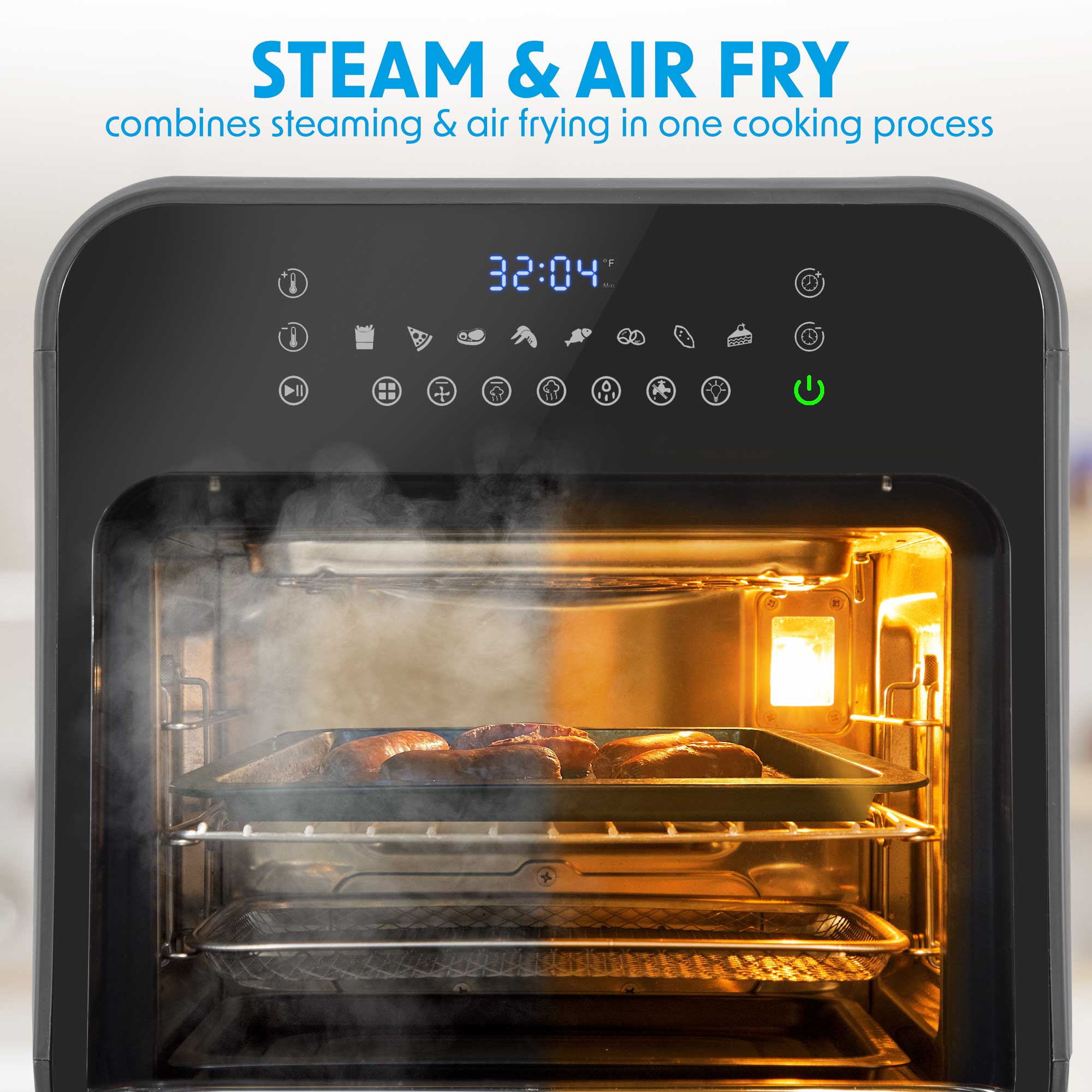 Baridi DH171 Air Fryer Action shot - infographic - steam - cooking