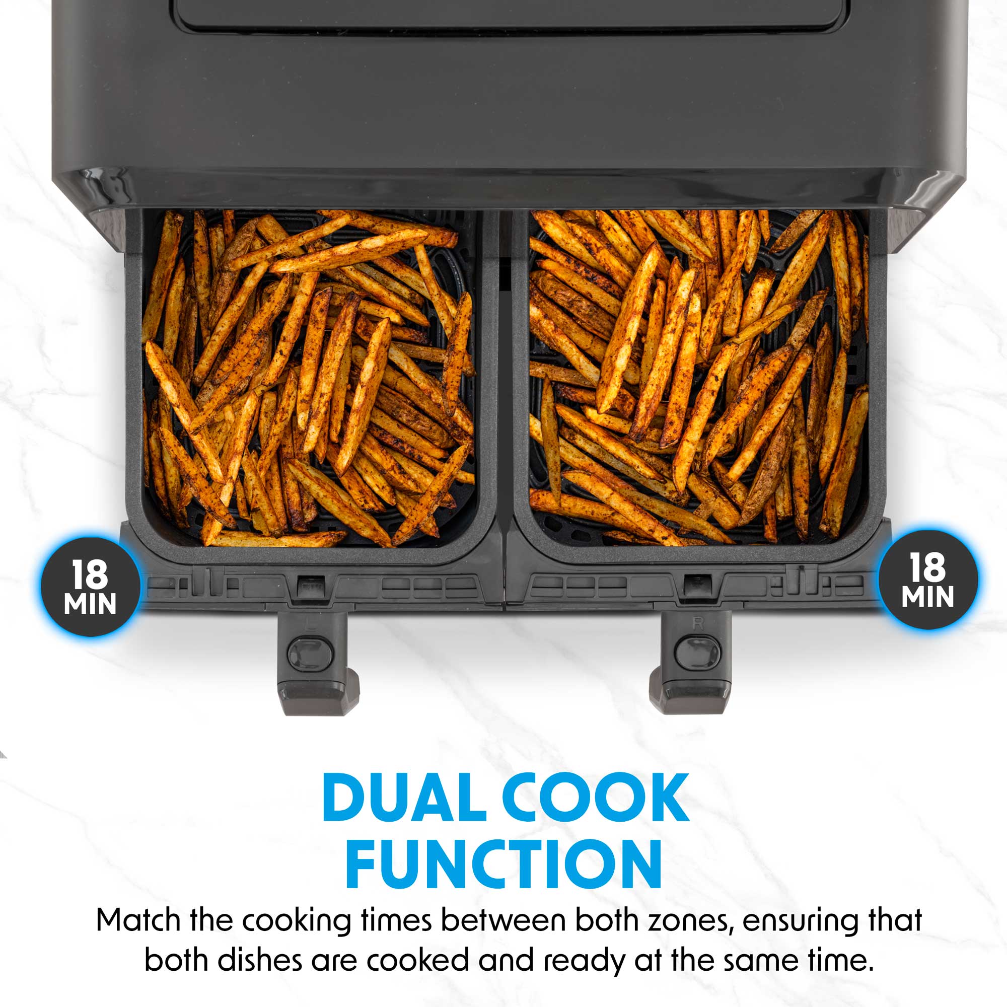 Baridi DH172 Air Fryer Action shot - infographics - 3 - dual - finish