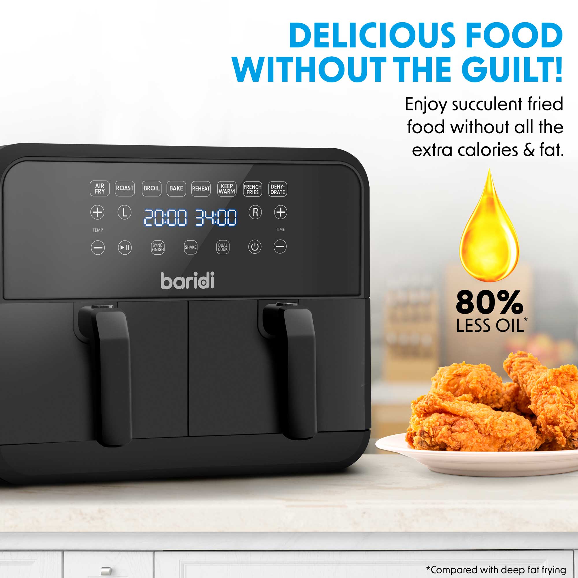 Baridi DH172 Air Fryer Action shot - infographic - less - oil