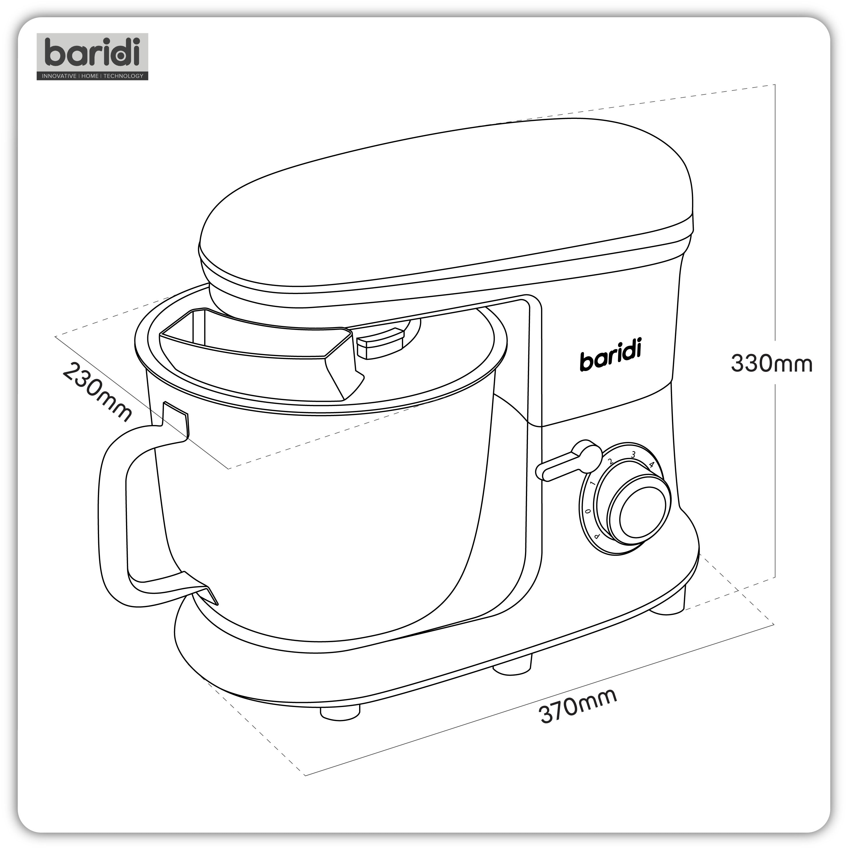 Baridi DH173 Stand Mixer Action shot - dimension diagram