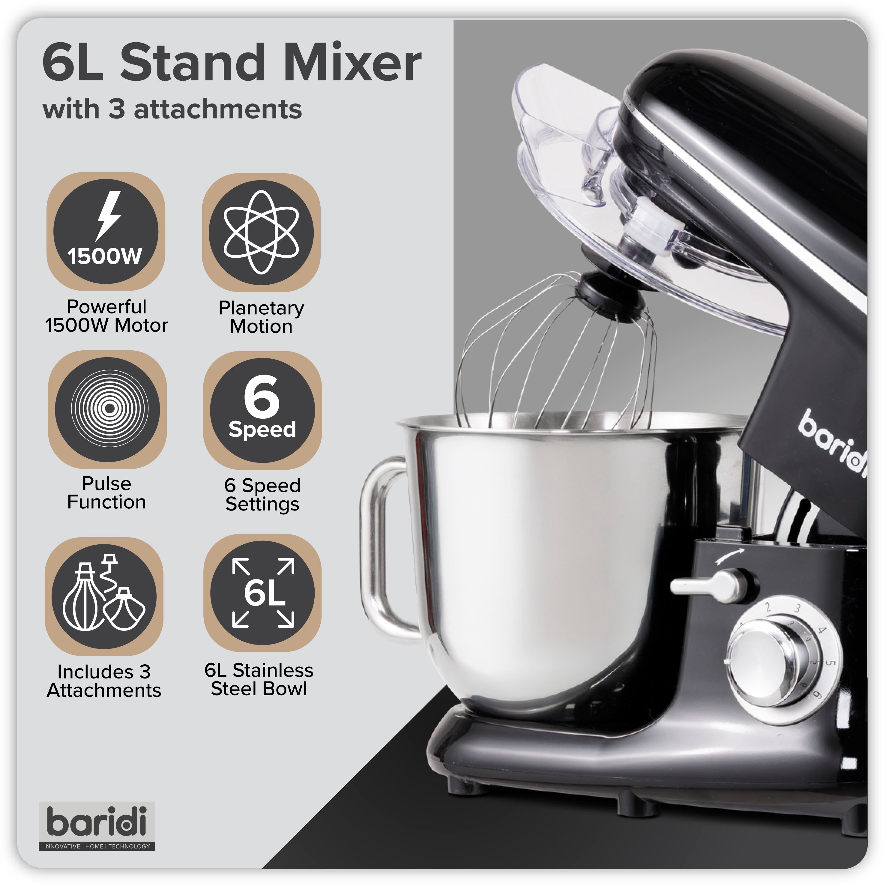 Baridi DH173 Stand Mixer Action shot - infographic - summary