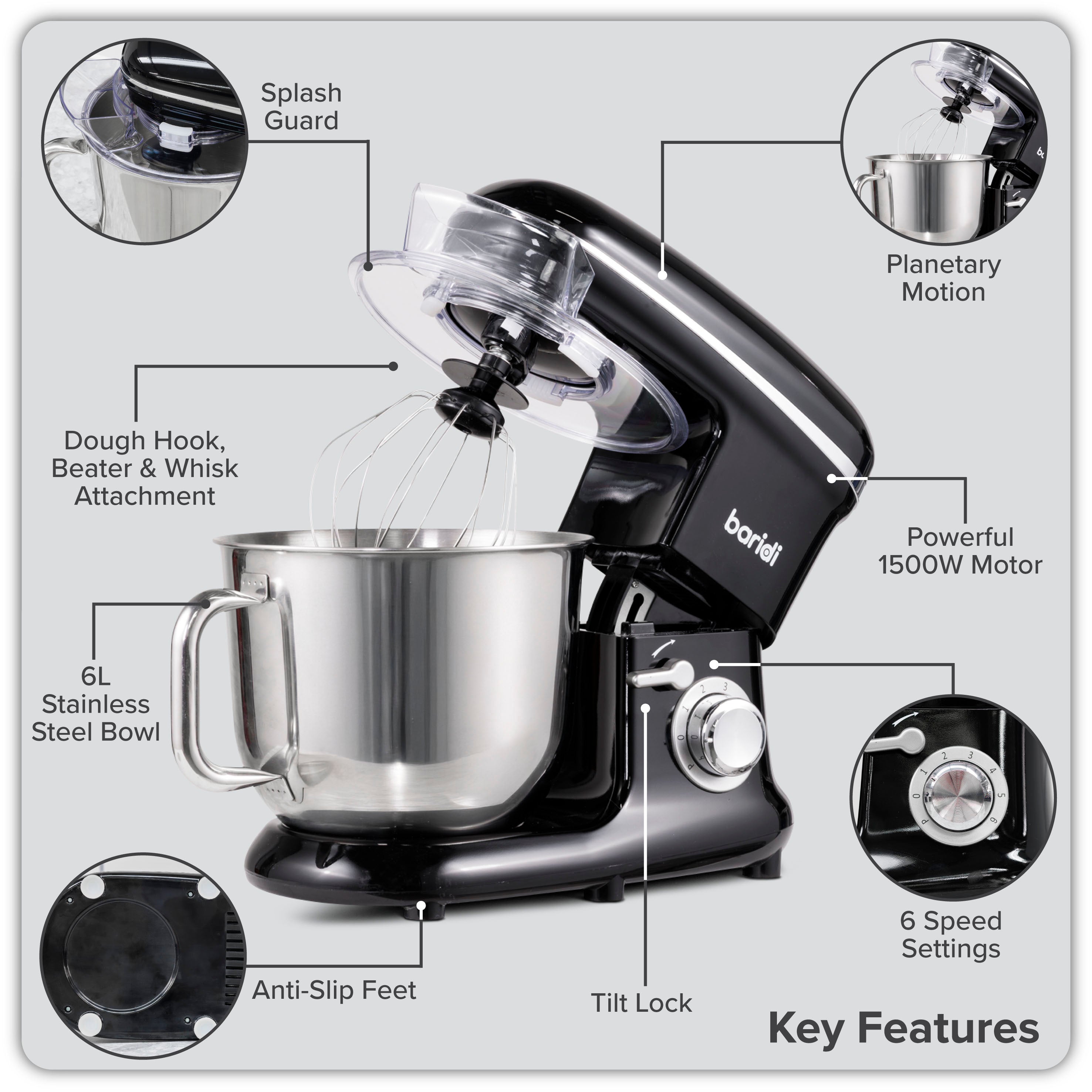 Baridi DH173 Stand Mixer Action shot - key - features
