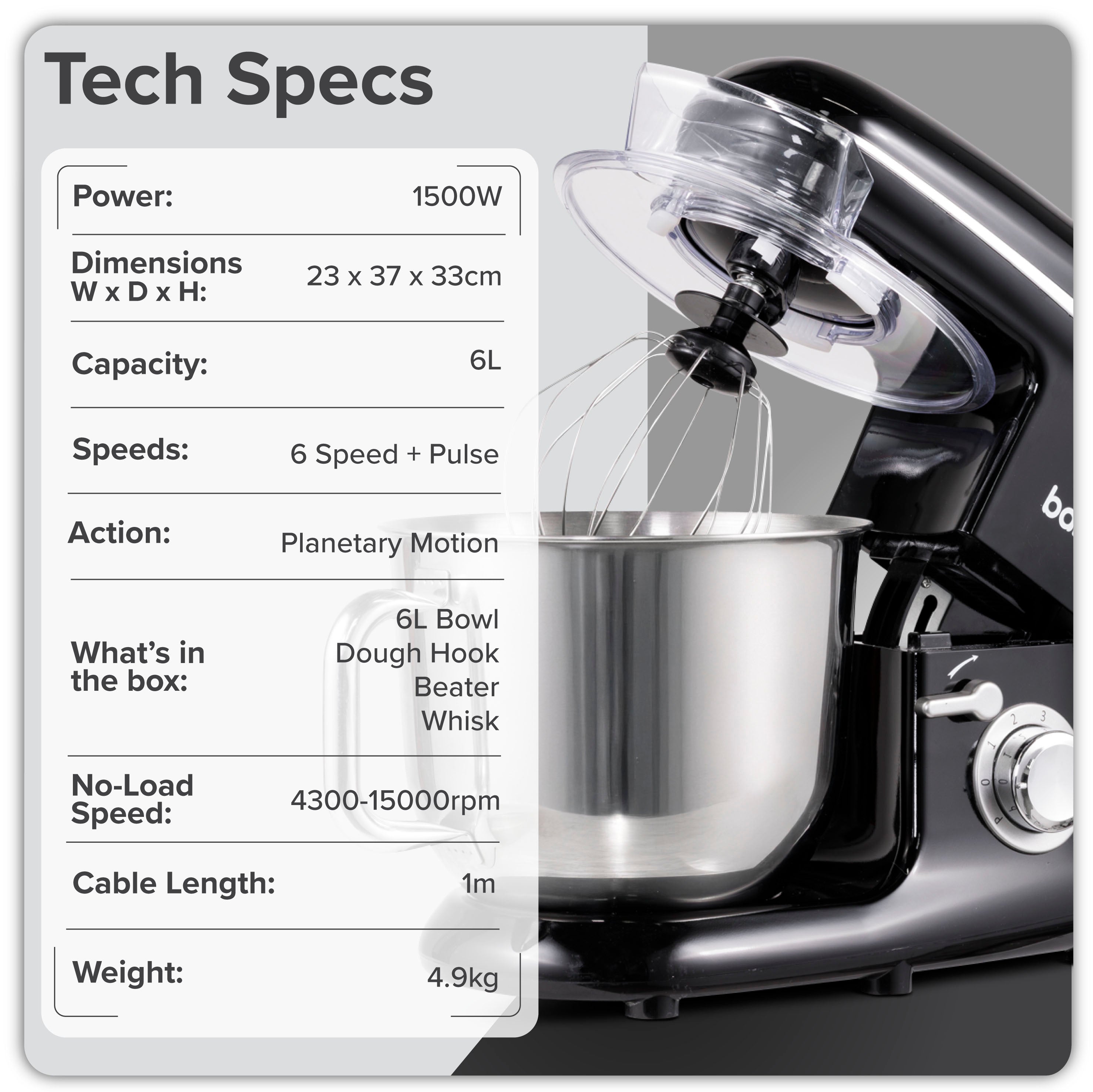 Baridi DH173 Stand Mixer Action shot - tech - specs