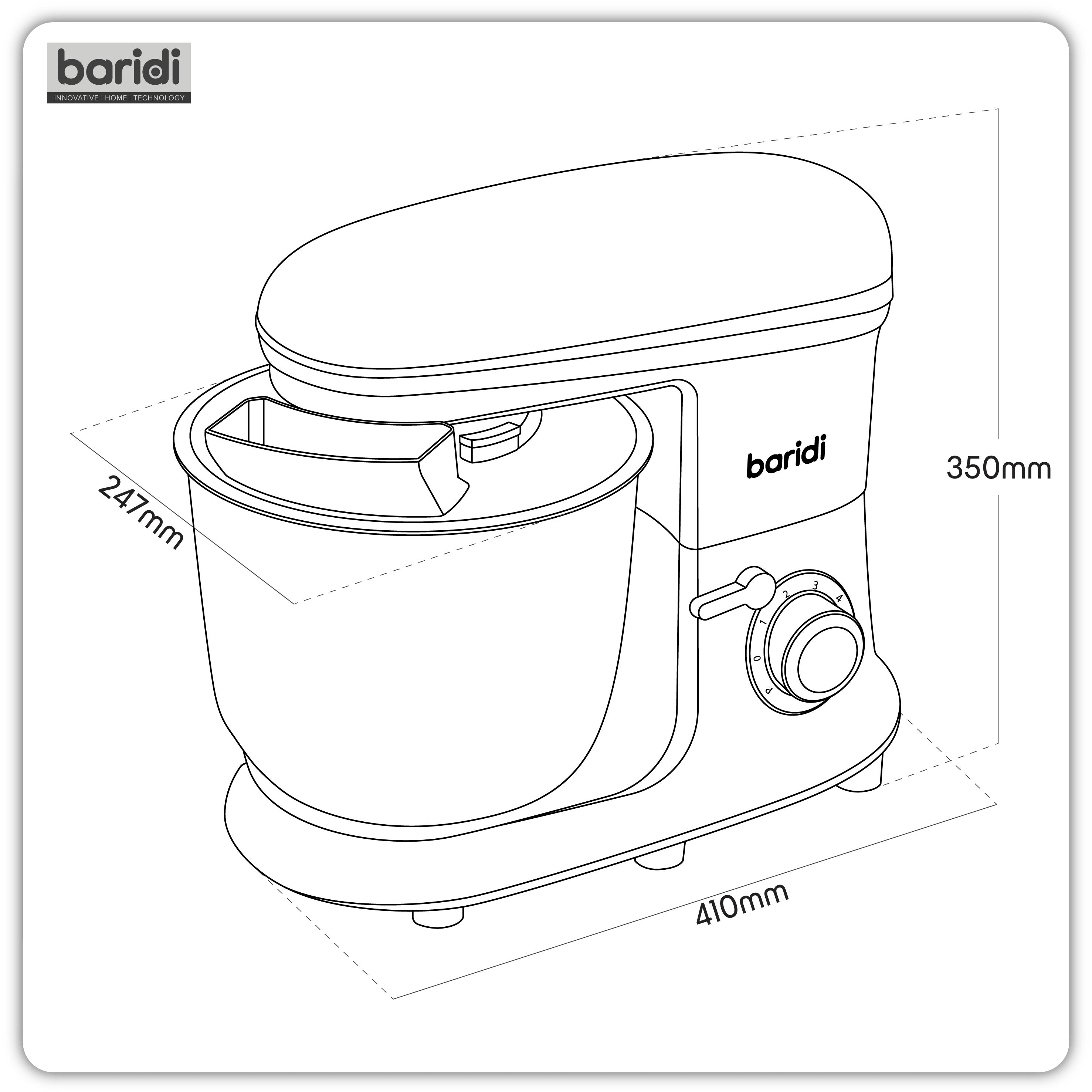 Baridi DH174 Stand Mixer Action shot - dimension diagram
