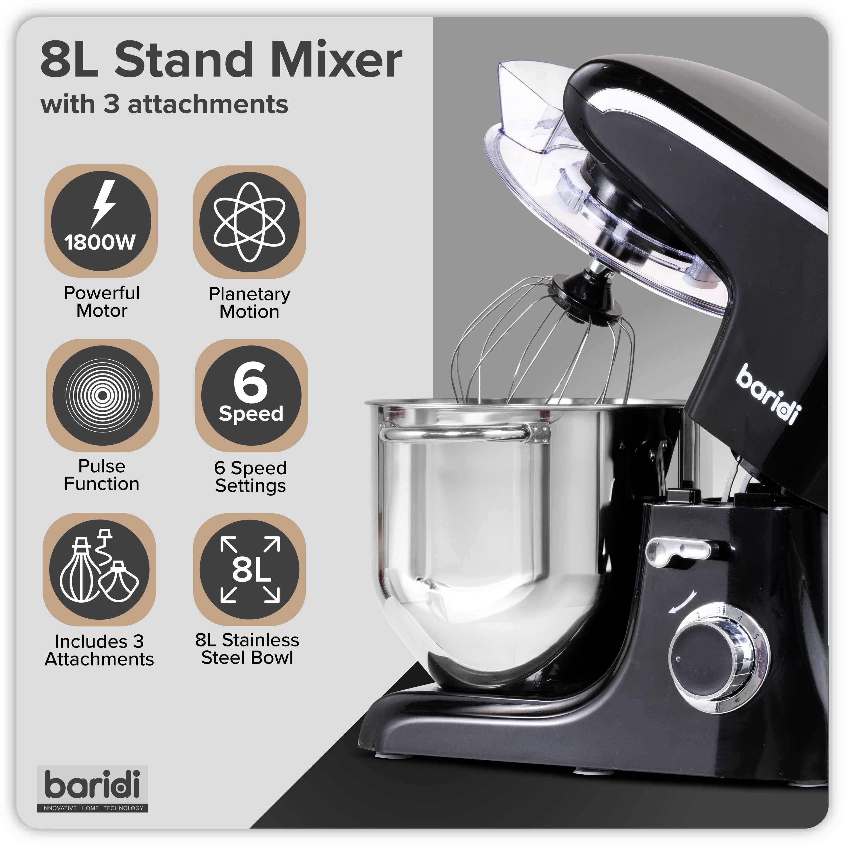 Baridi DH174 Stand Mixer Action shot - infographic - summary