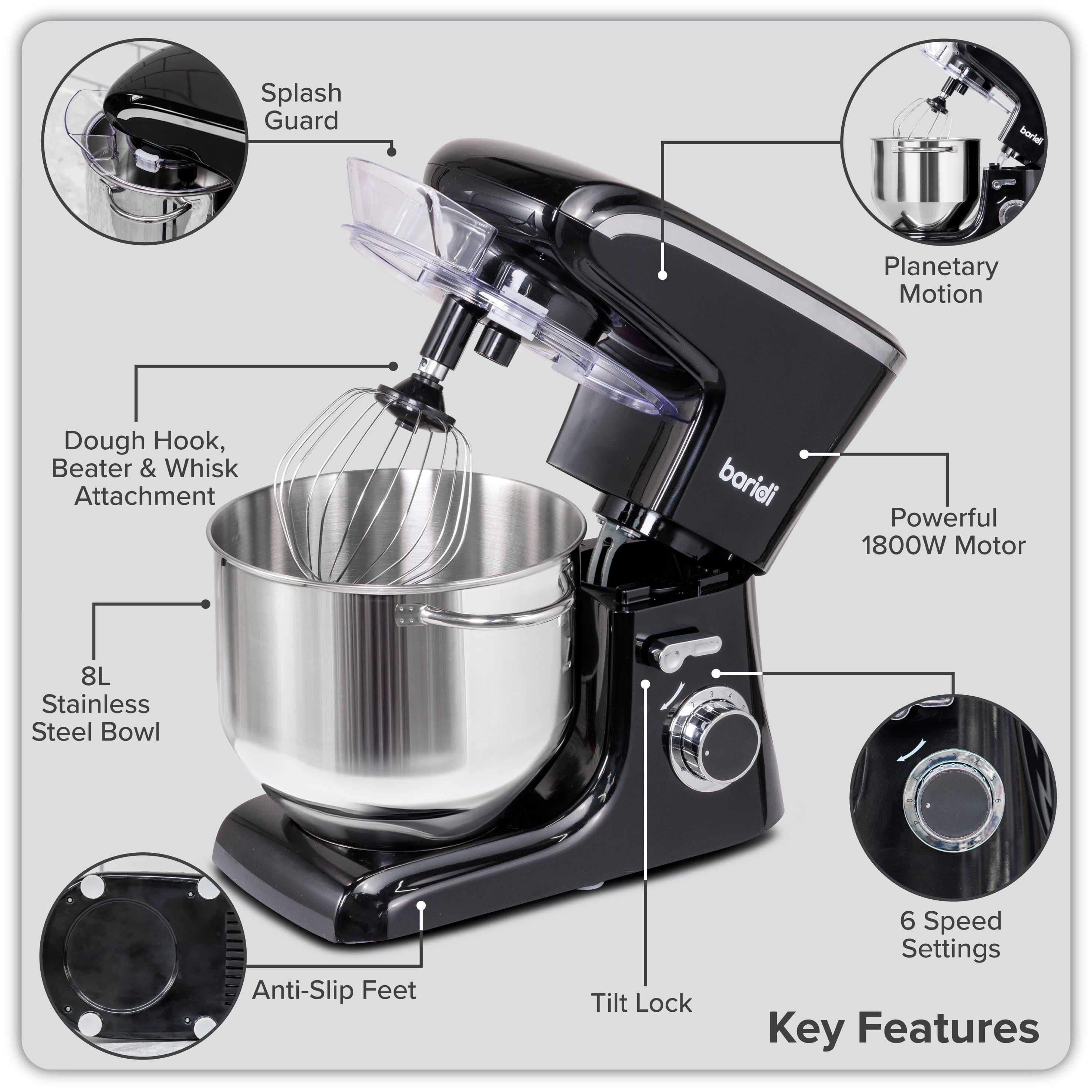 Baridi DH174 Stand Mixer Action shot - key - features