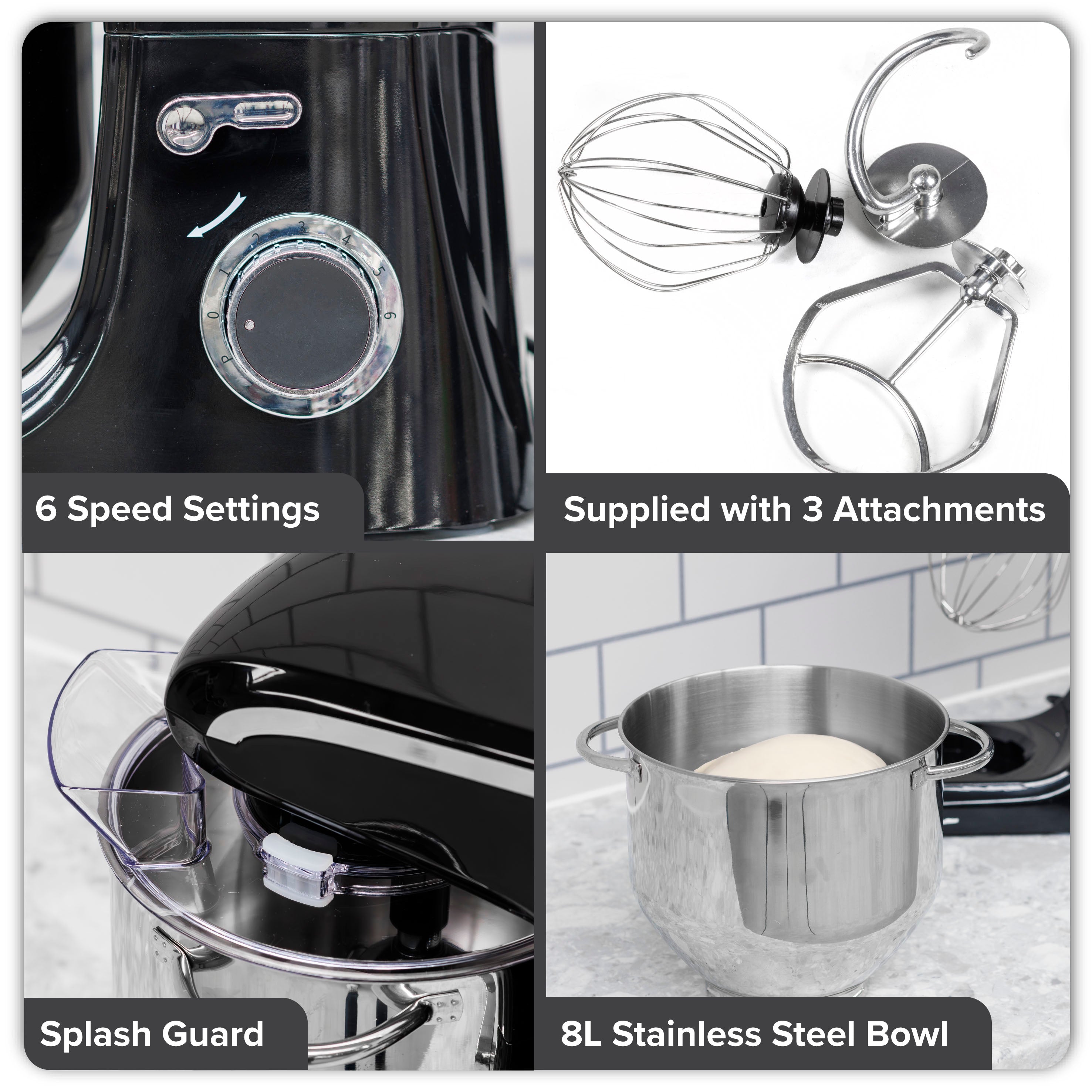 Baridi DH174 Stand Mixer Action shot - multi - image - infographic