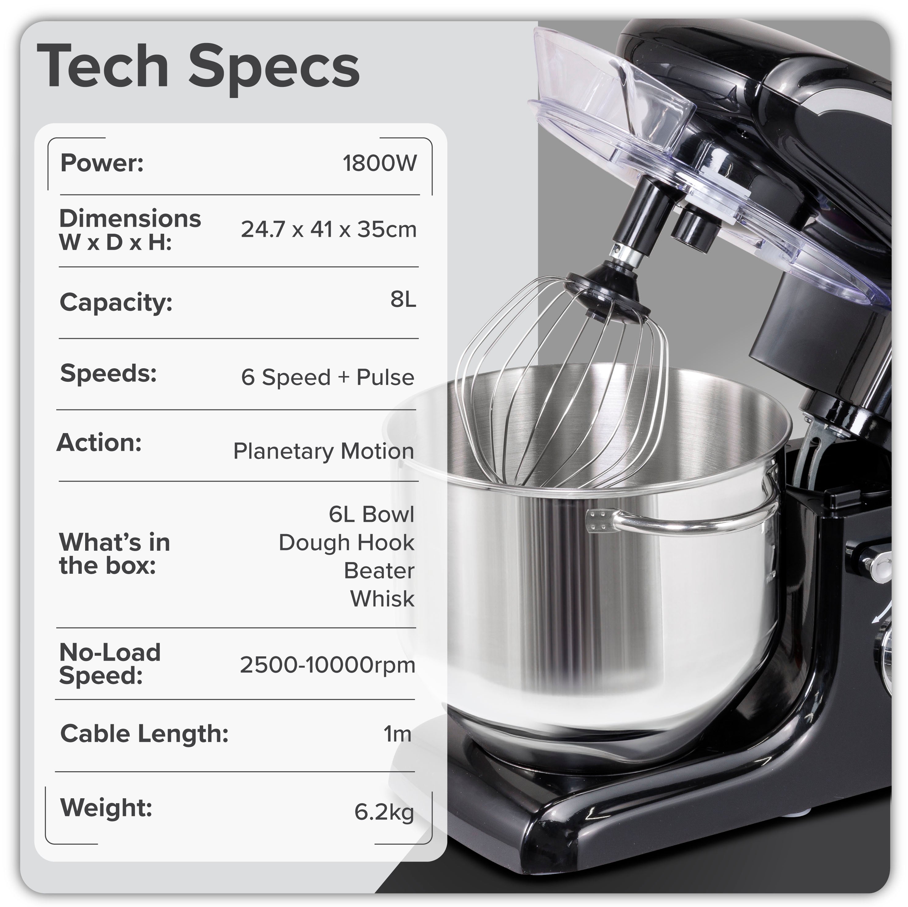 Baridi DH174 Stand Mixer Action shot - tech - specs