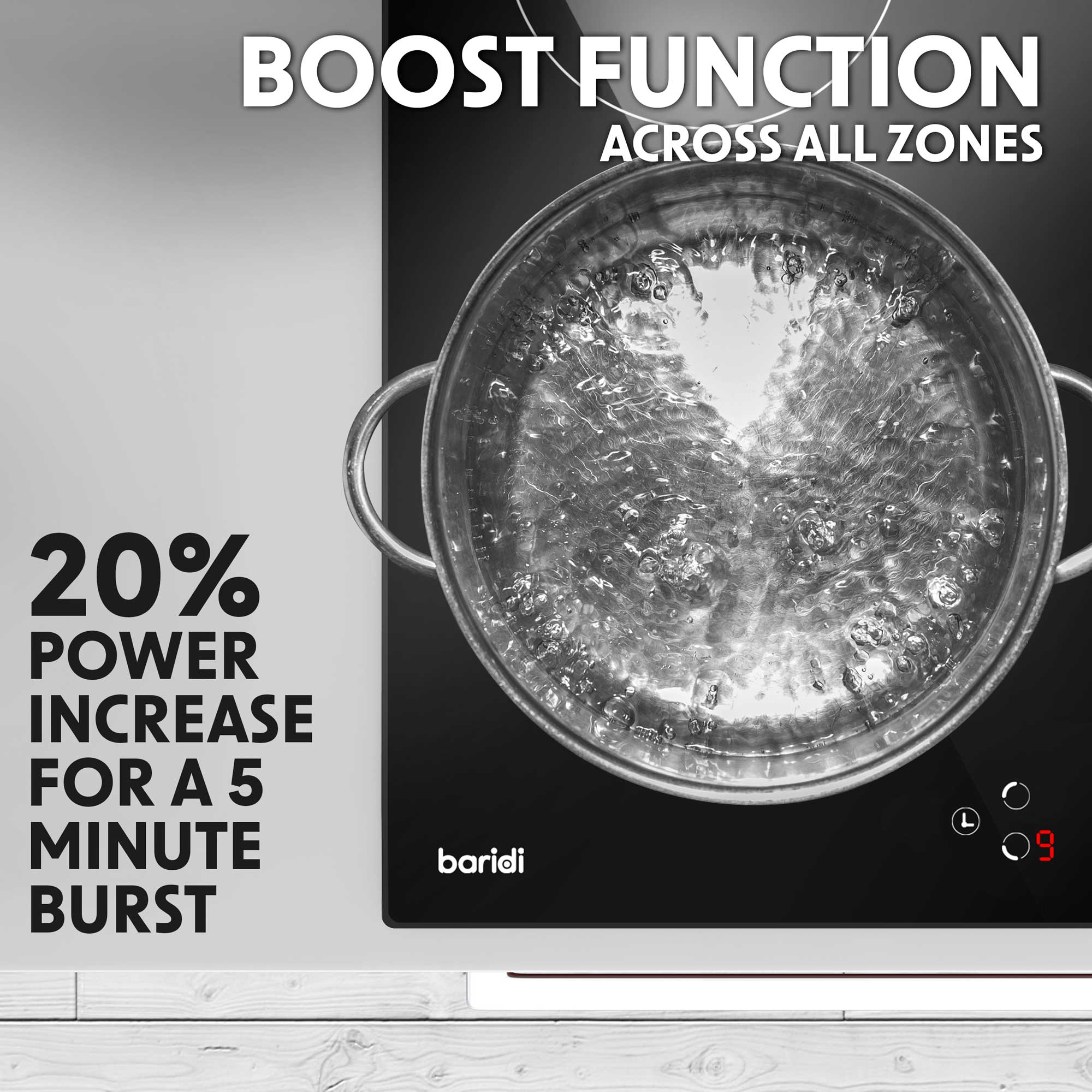 Baridi DH177 Induction Hobs Action shot - boost - function - infographics