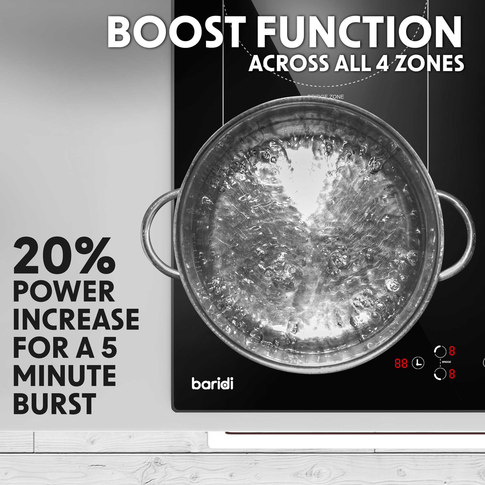 Baridi DH178 Induction Hobs Action shot - boost - function - infographics