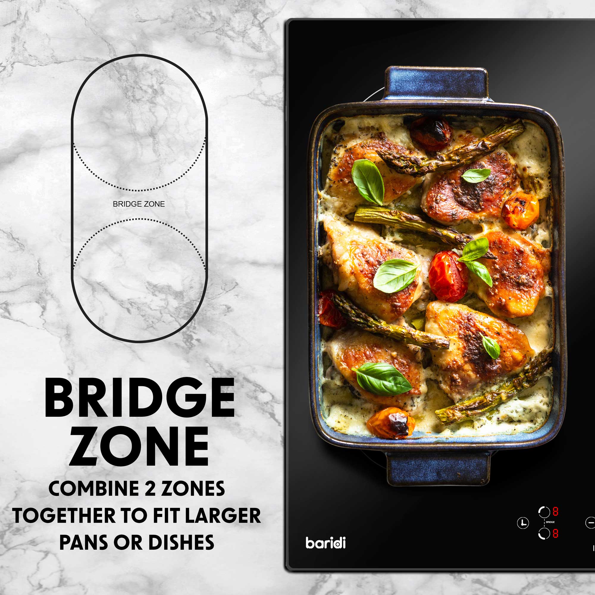 Baridi DH178 Induction Hobs Action shot - bridge - zone - infographic