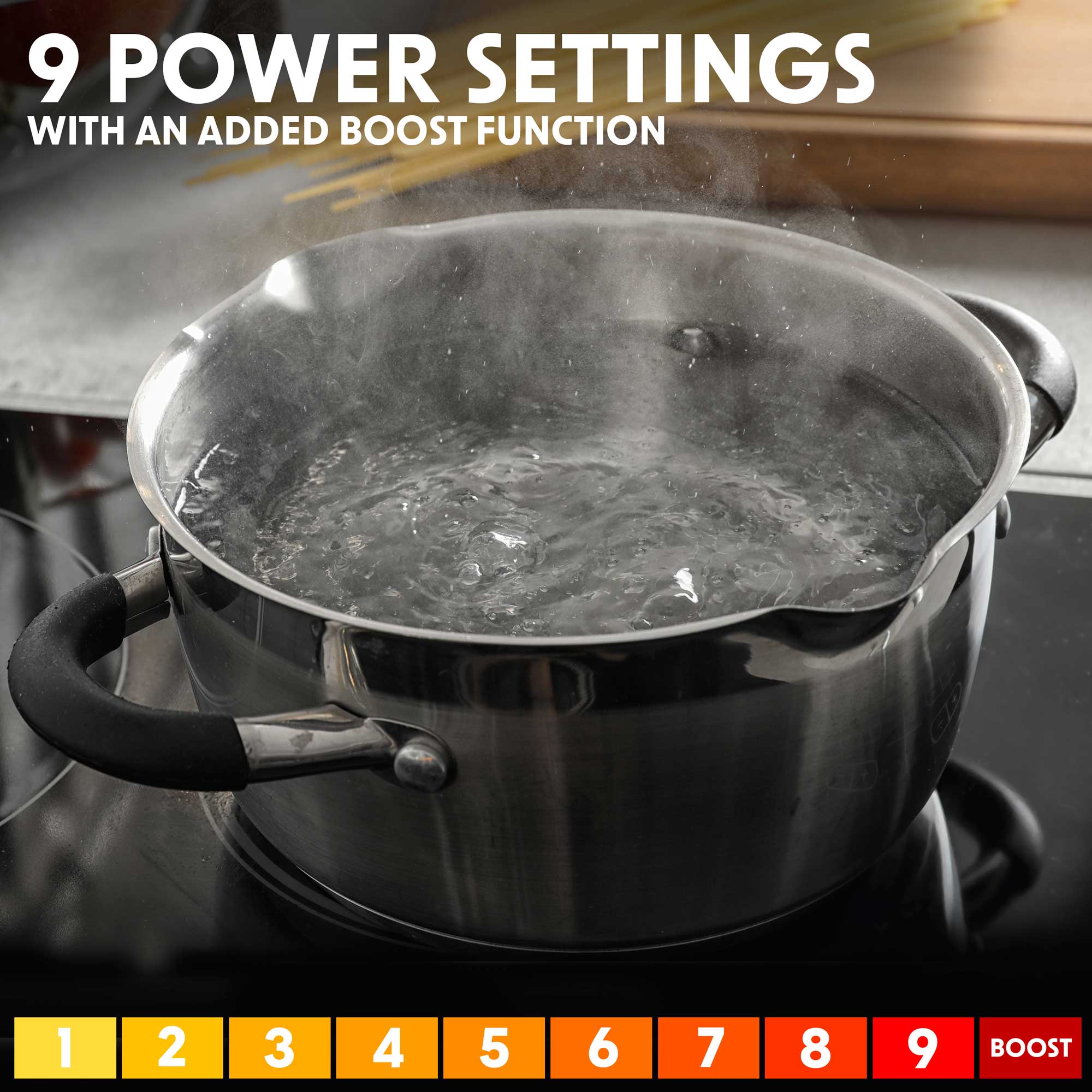 Baridi DH178 Induction Hobs Action shot - power - settings - infographics