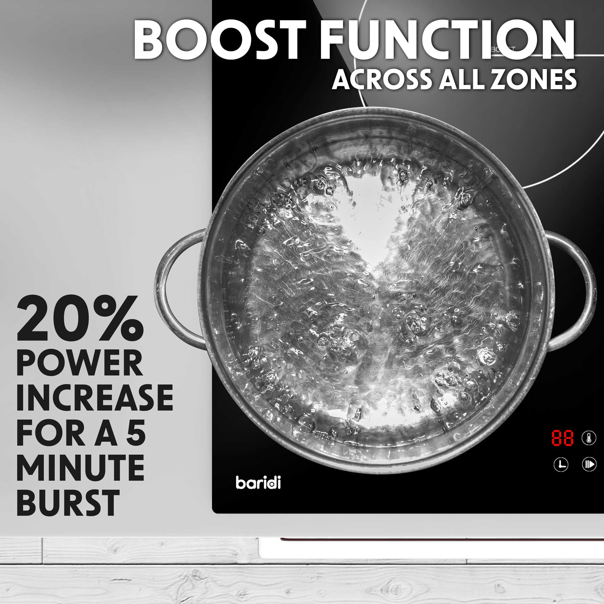 Baridi DH179 Induction Hobs Action shot - boost - function - infographics