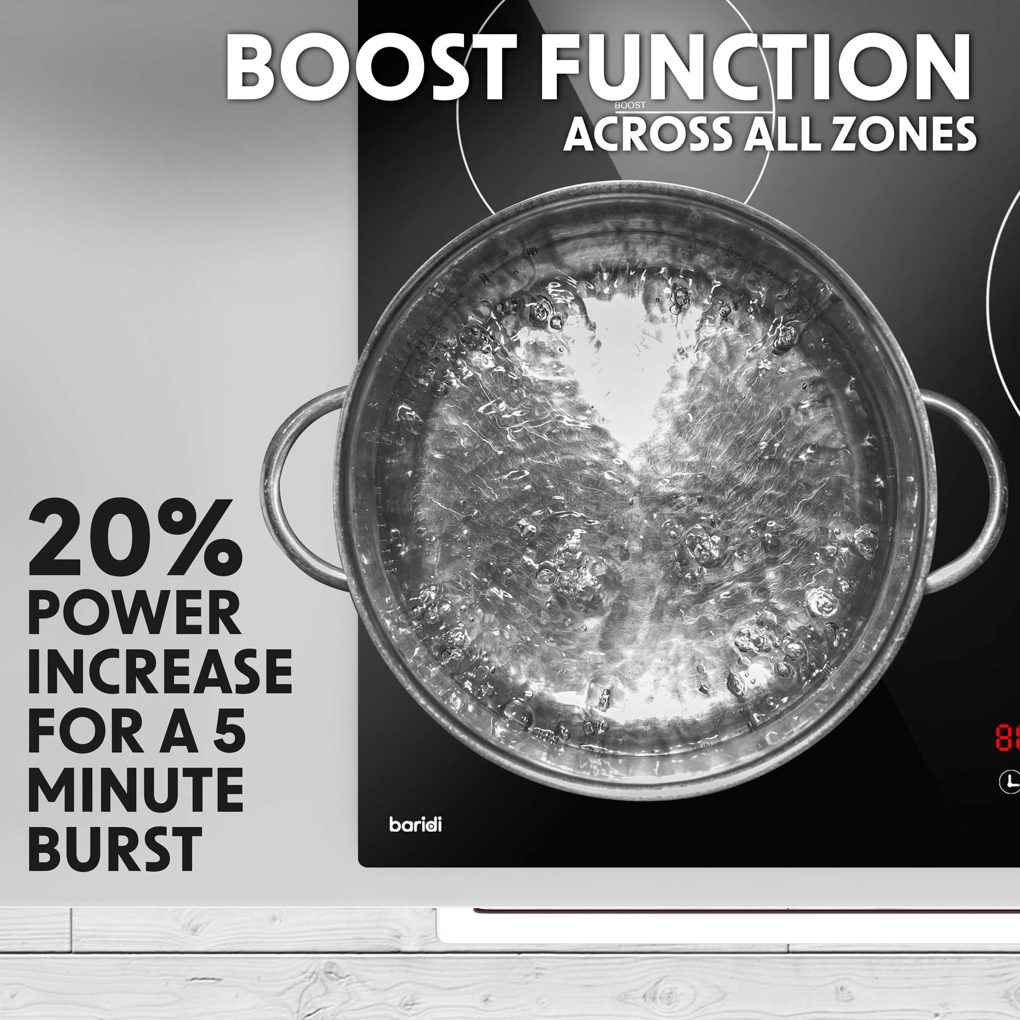 Baridi DH180 Induction Hobs Action shot - boost - function - infographics