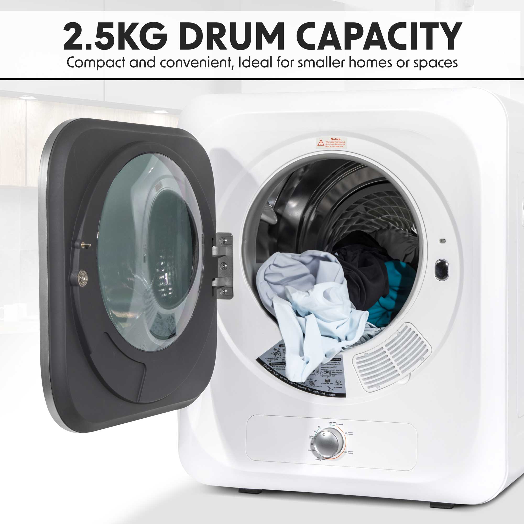 Baridi DH192 Tumble Dryers Action shot - drum - capacity - infogrpahic