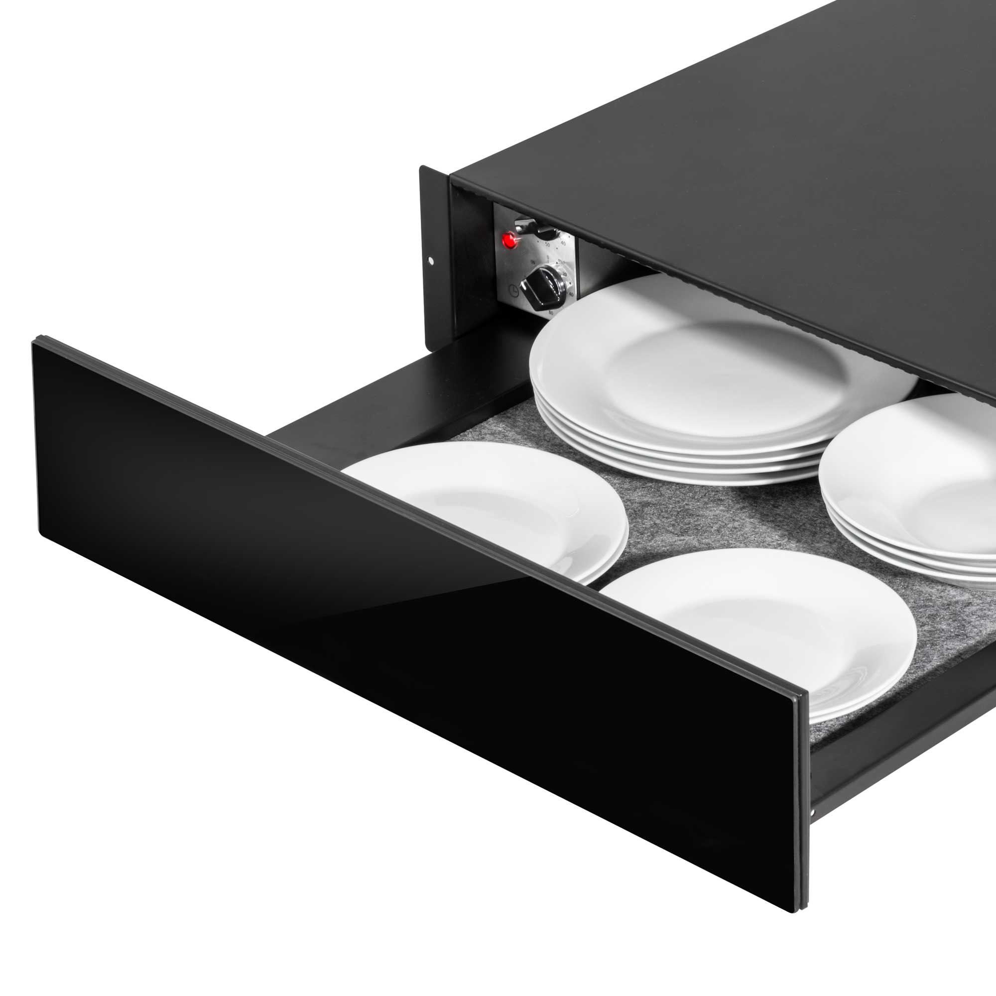 Baridi DH201 Warming Drawer Action shot - with plates