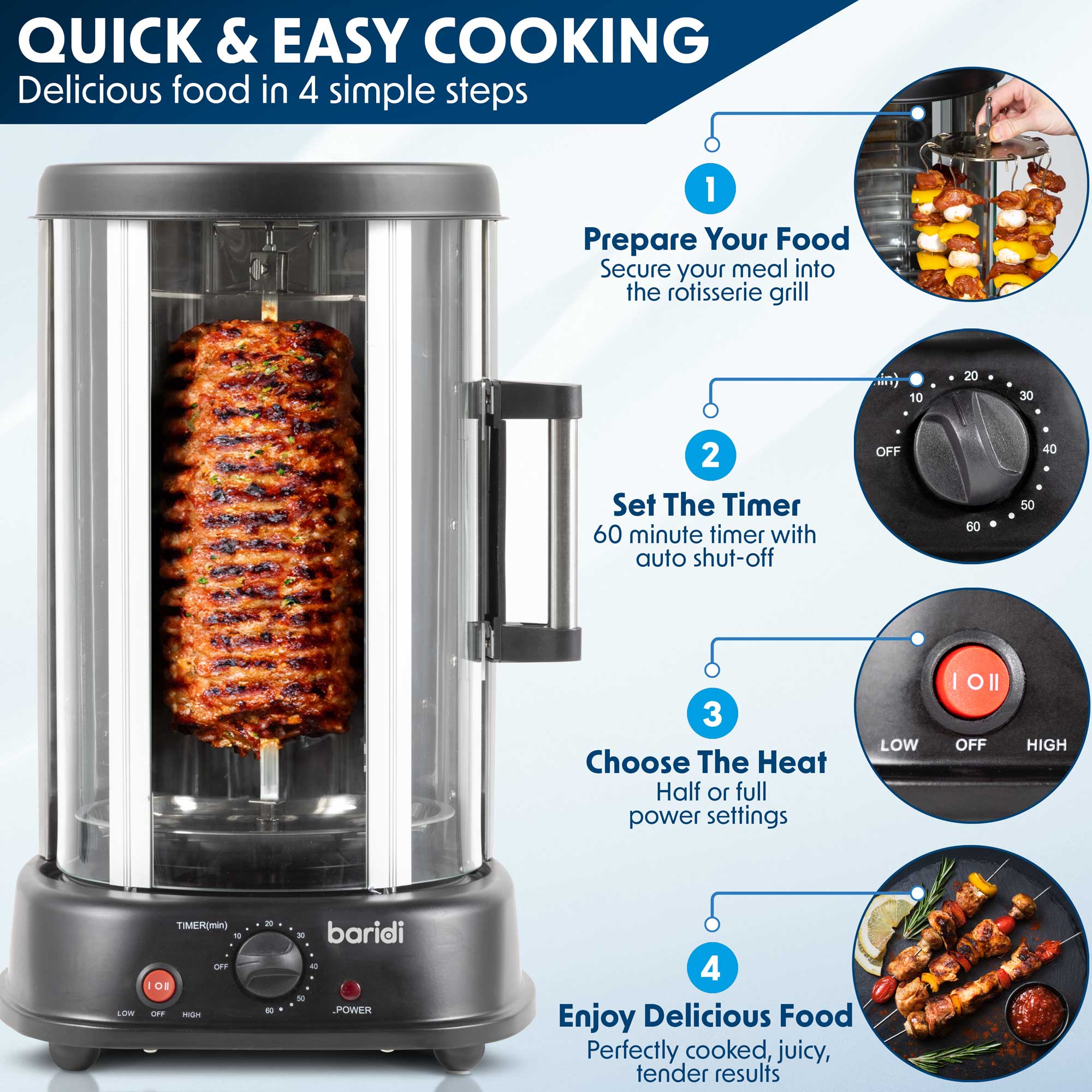 Baridi DH216 Rotisserie Action shot - quick and easy - infographic