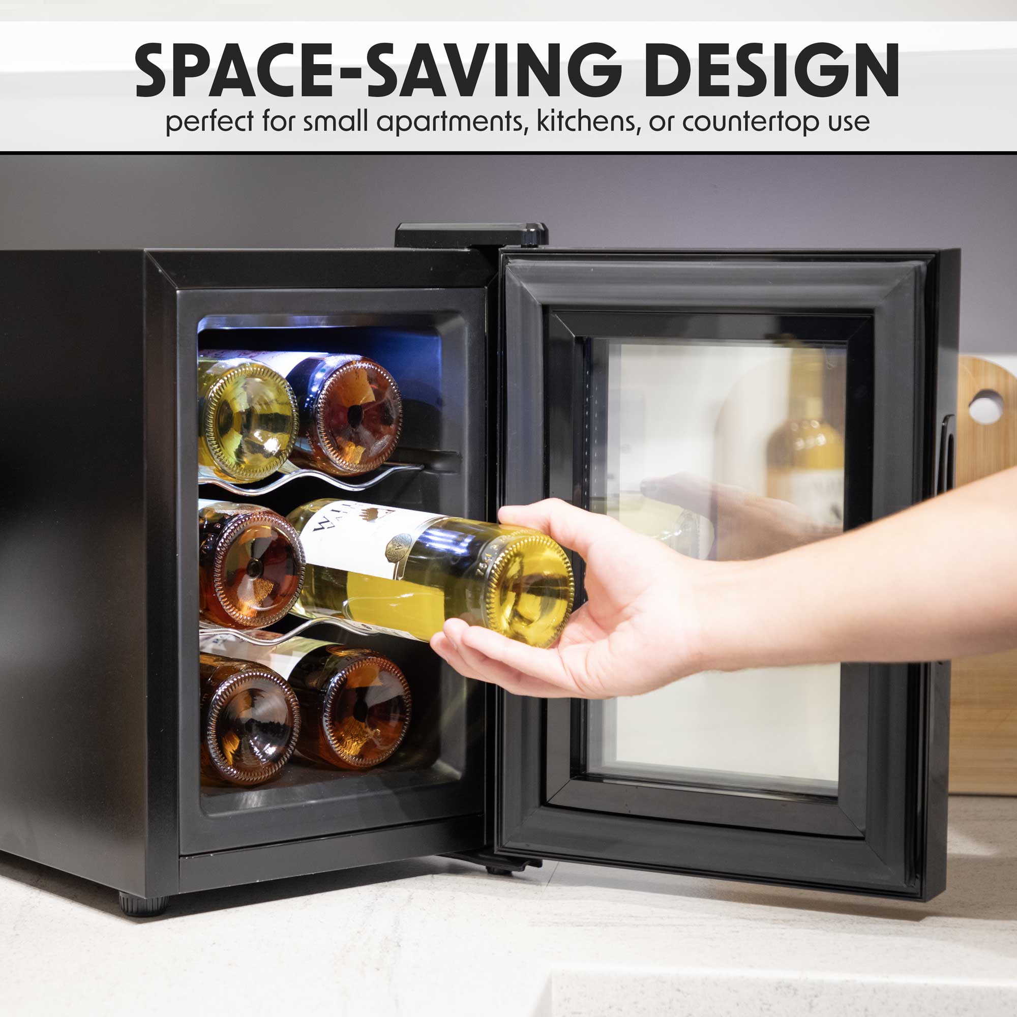 Baridi DH217 Wine Fridges Action shot - space - saving - infographic