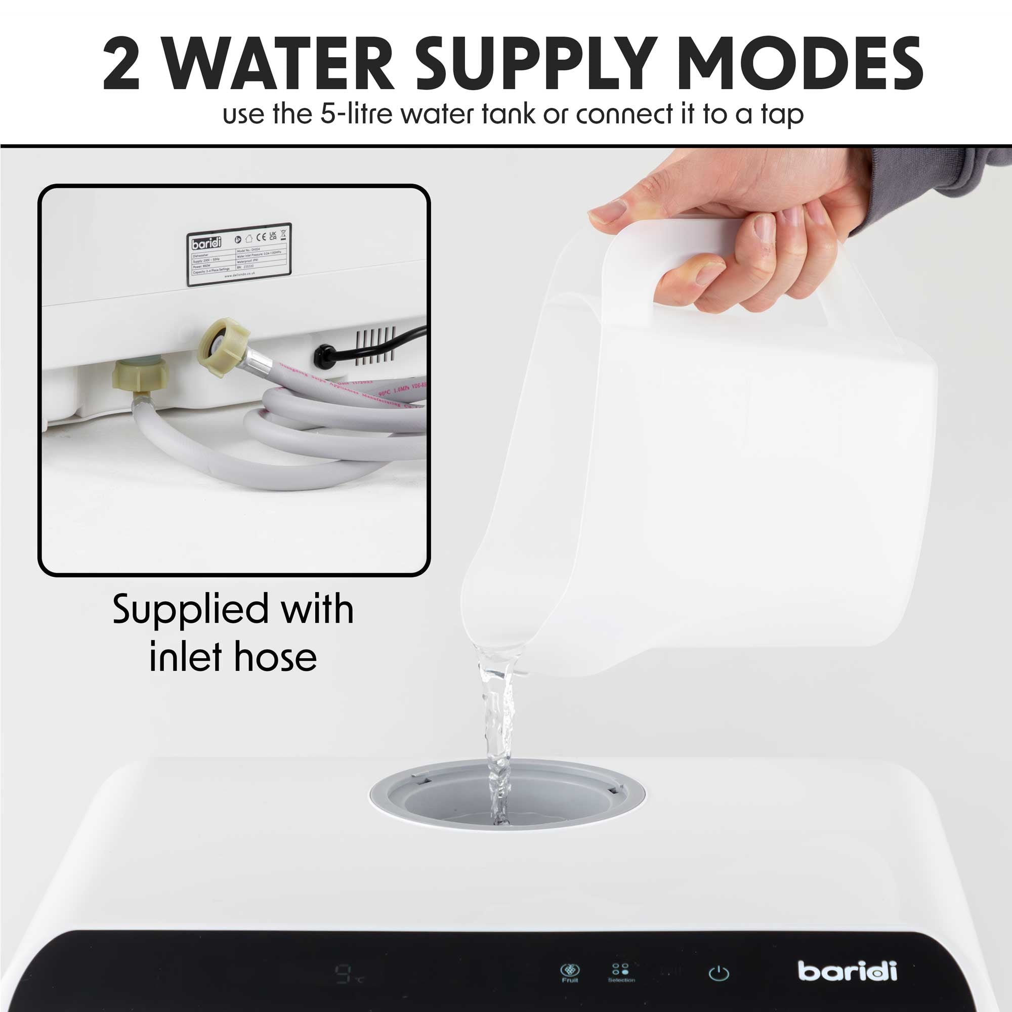 Baridi DH224 Tabletop Dishwasher Action shot - two - water - modes