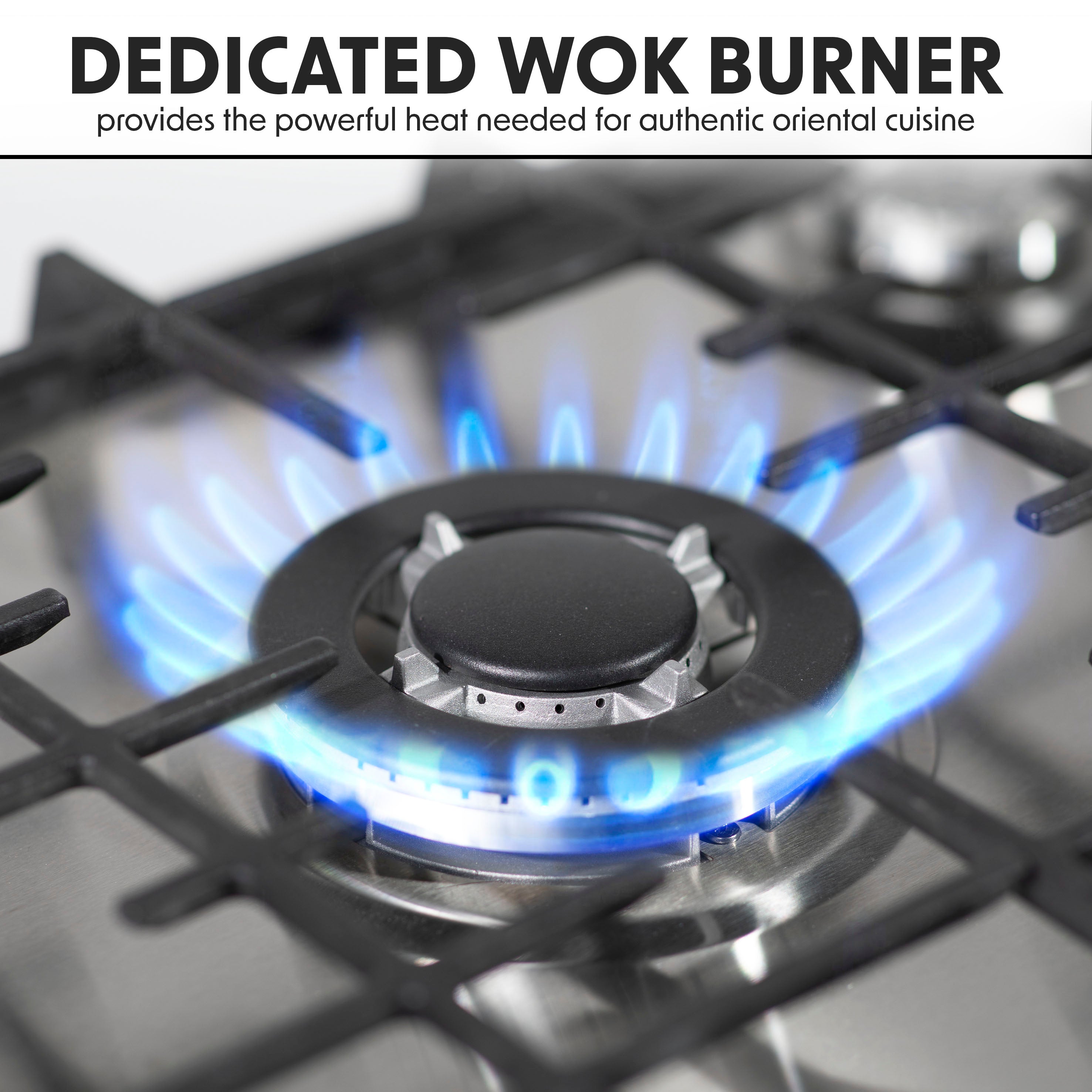 Baridi DH225 Gas Hob Action shot - wok - burner - infographic