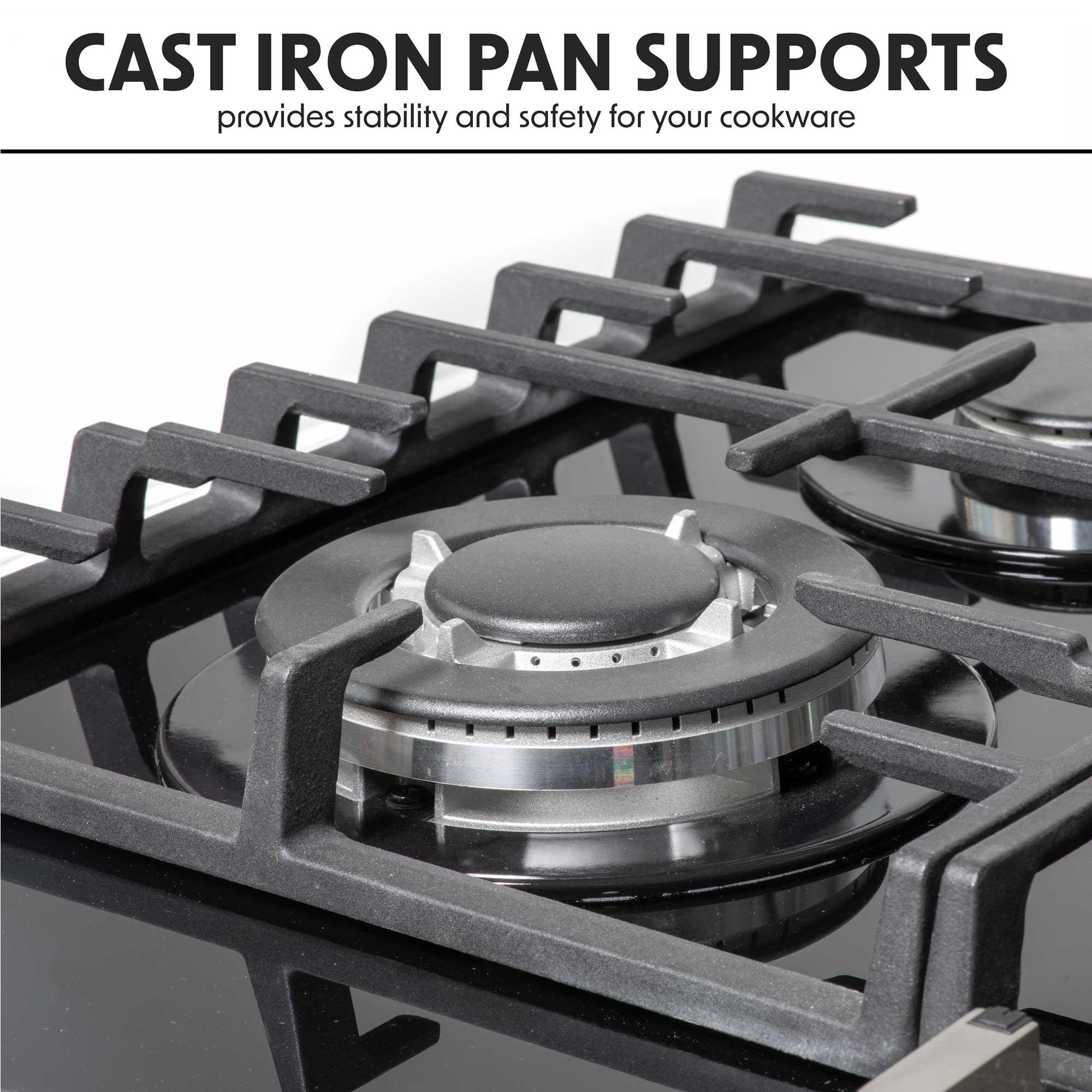 Baridi DH226 Gas Hob Action shot - cast - iron - supports - infogrpahic