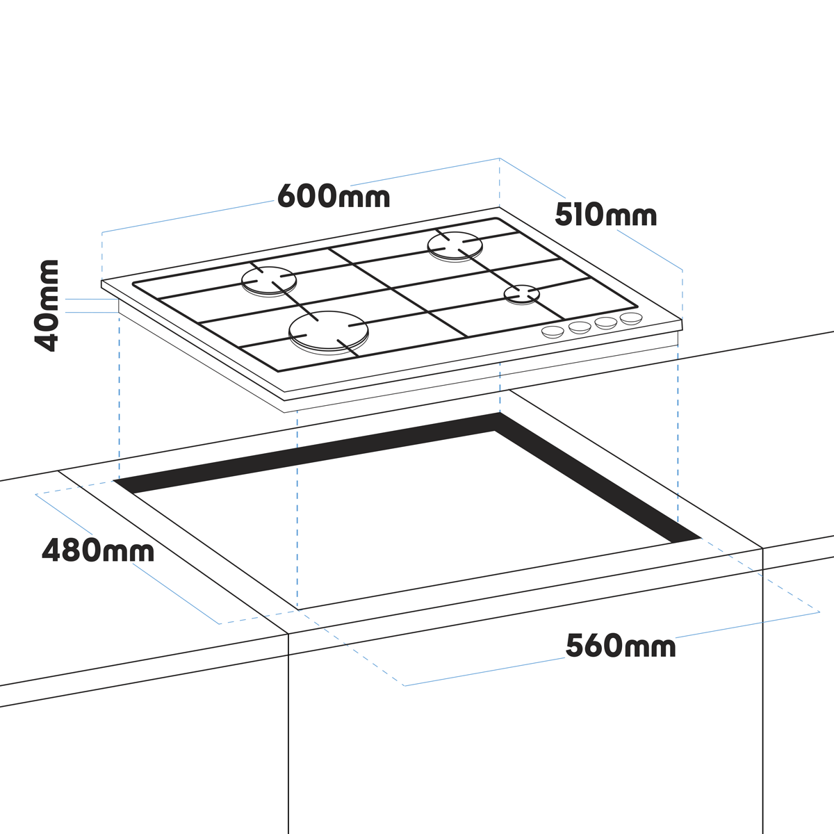 Baridi Kitchen Appliance Bundle 60cm, 72cm Built-Under Double Oven & Black Glass Gas Hob – DH449