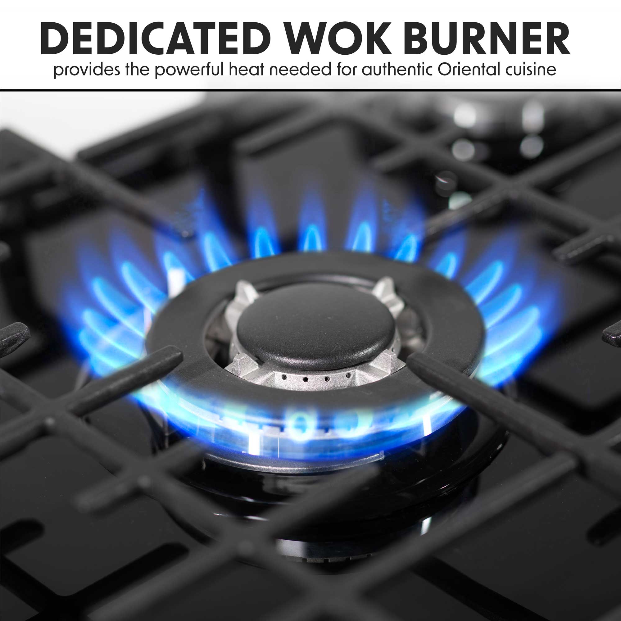 Baridi DH228 Gas Hob Action shot - wok - burner - infographic